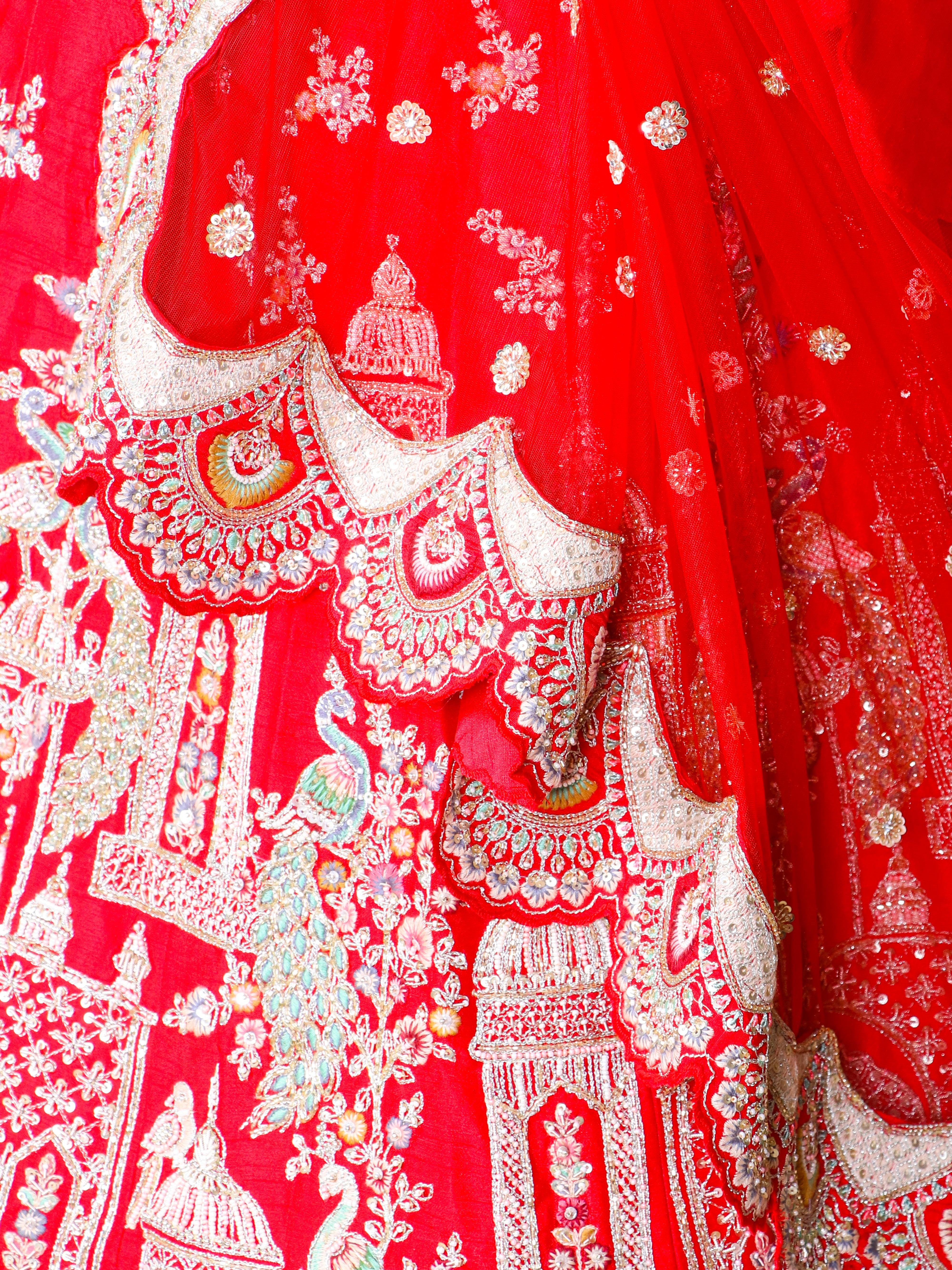 Designer Red Raw Silk Bridal Lehenga - Sumangal Ekam