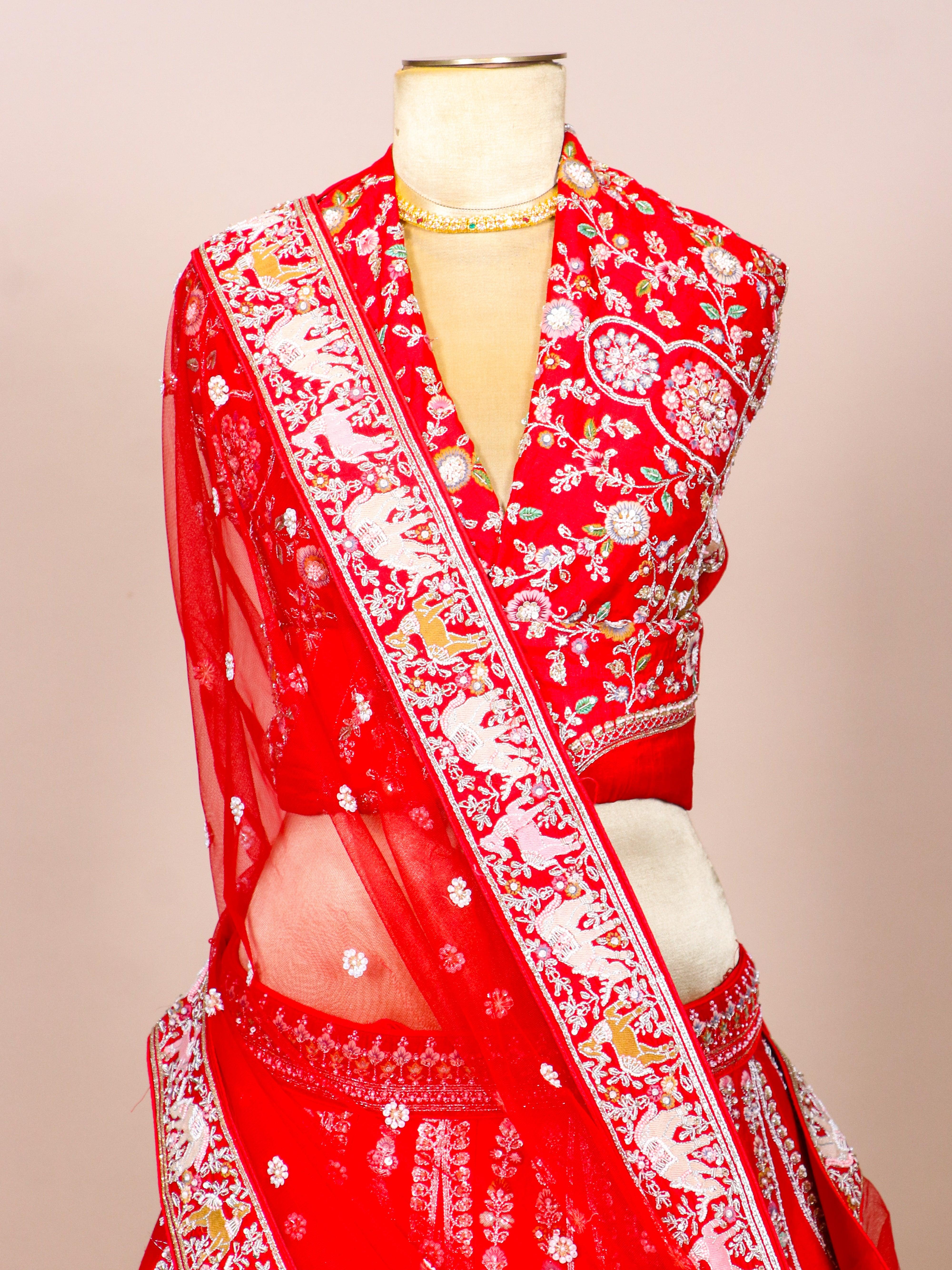 Designer Red Raw Silk Bridal Lehenga - Sumangal Ekam