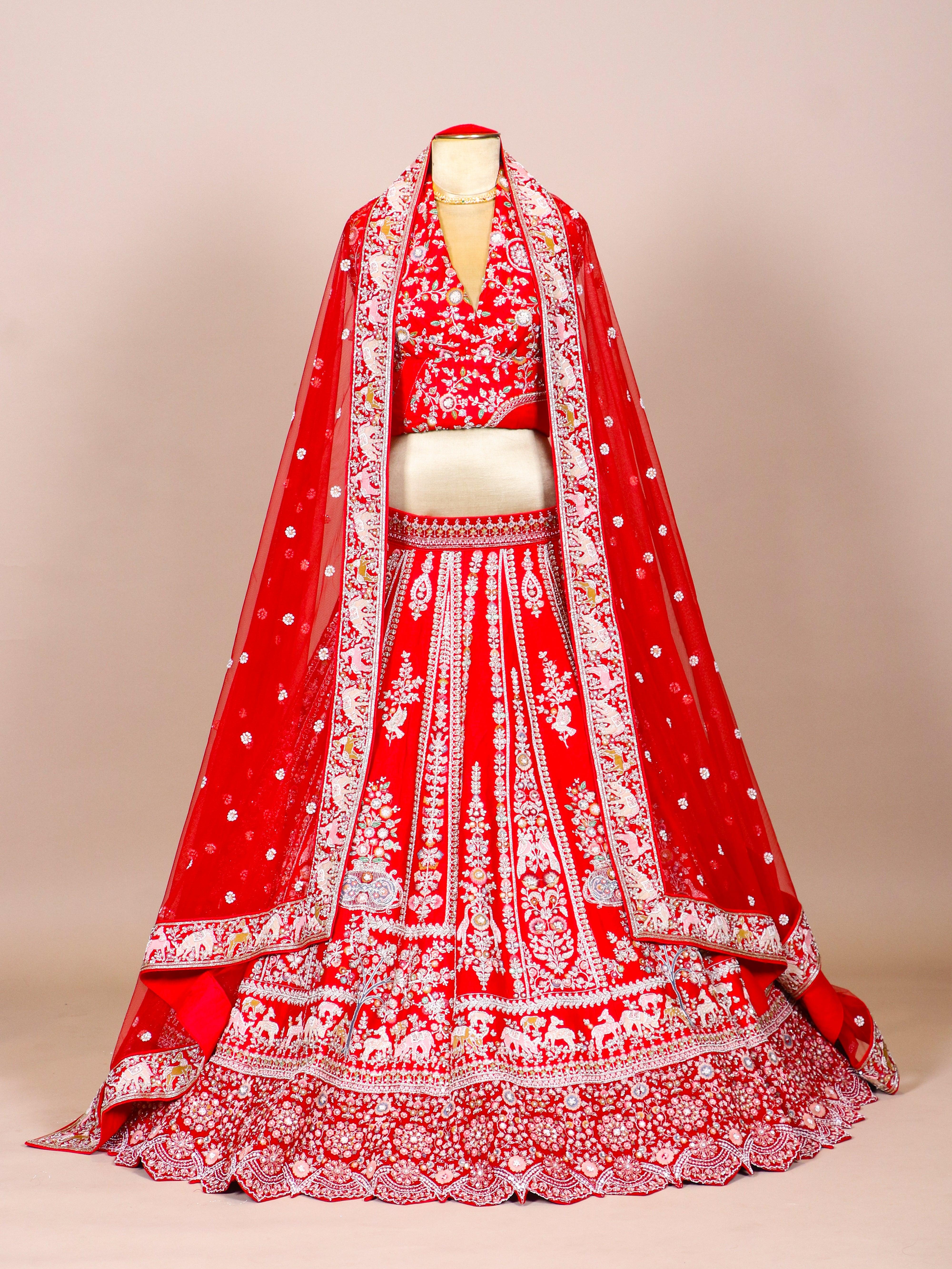 Designer Red Raw Silk Bridal Lehenga - Sumangal Ekam