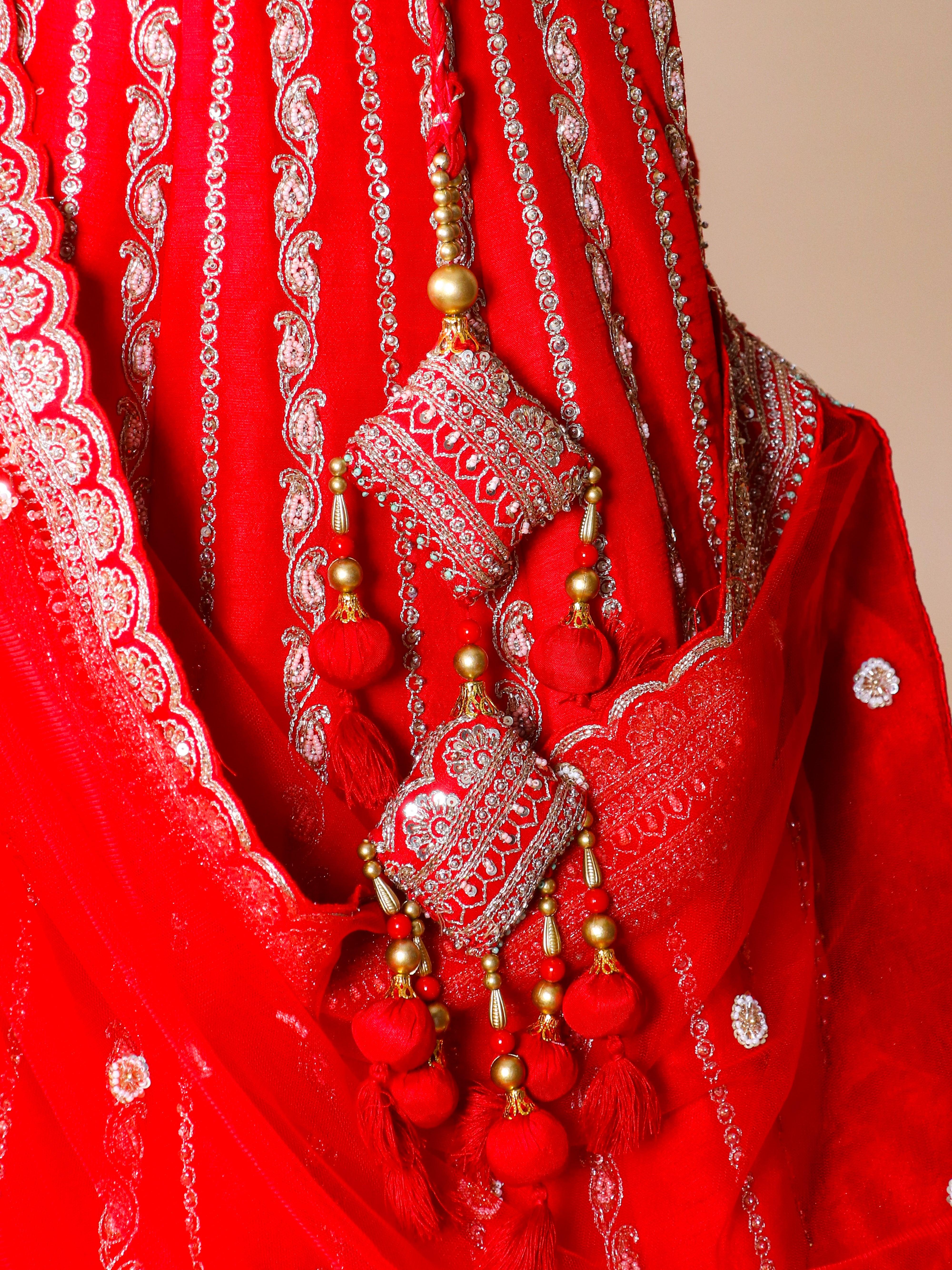 Designer Red Raw Silk Bridal Lehenga - Sumangal Ekam