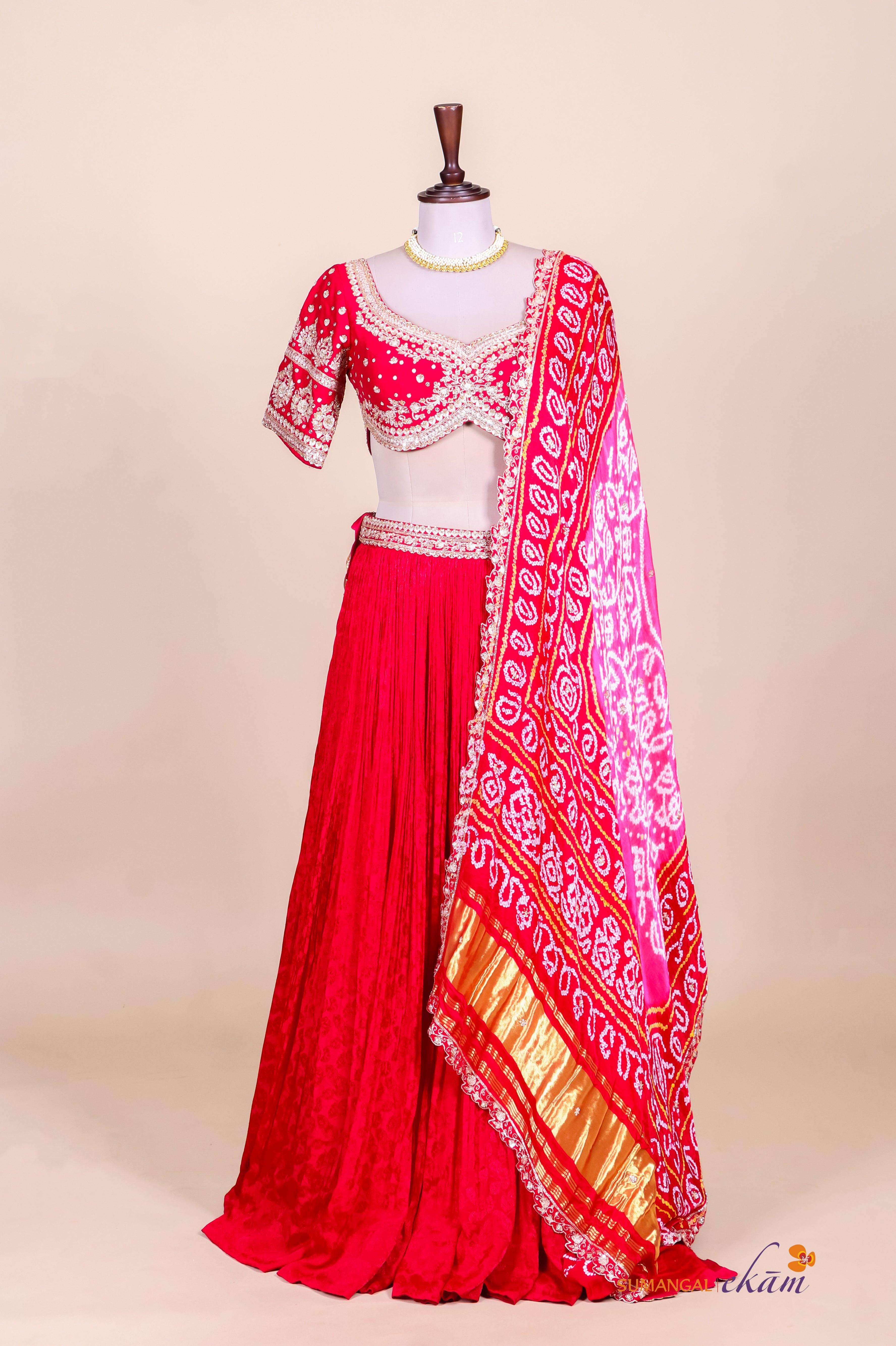 Designer Red Crepe Silk Party Wear Lehenga - Sumangal Ekam