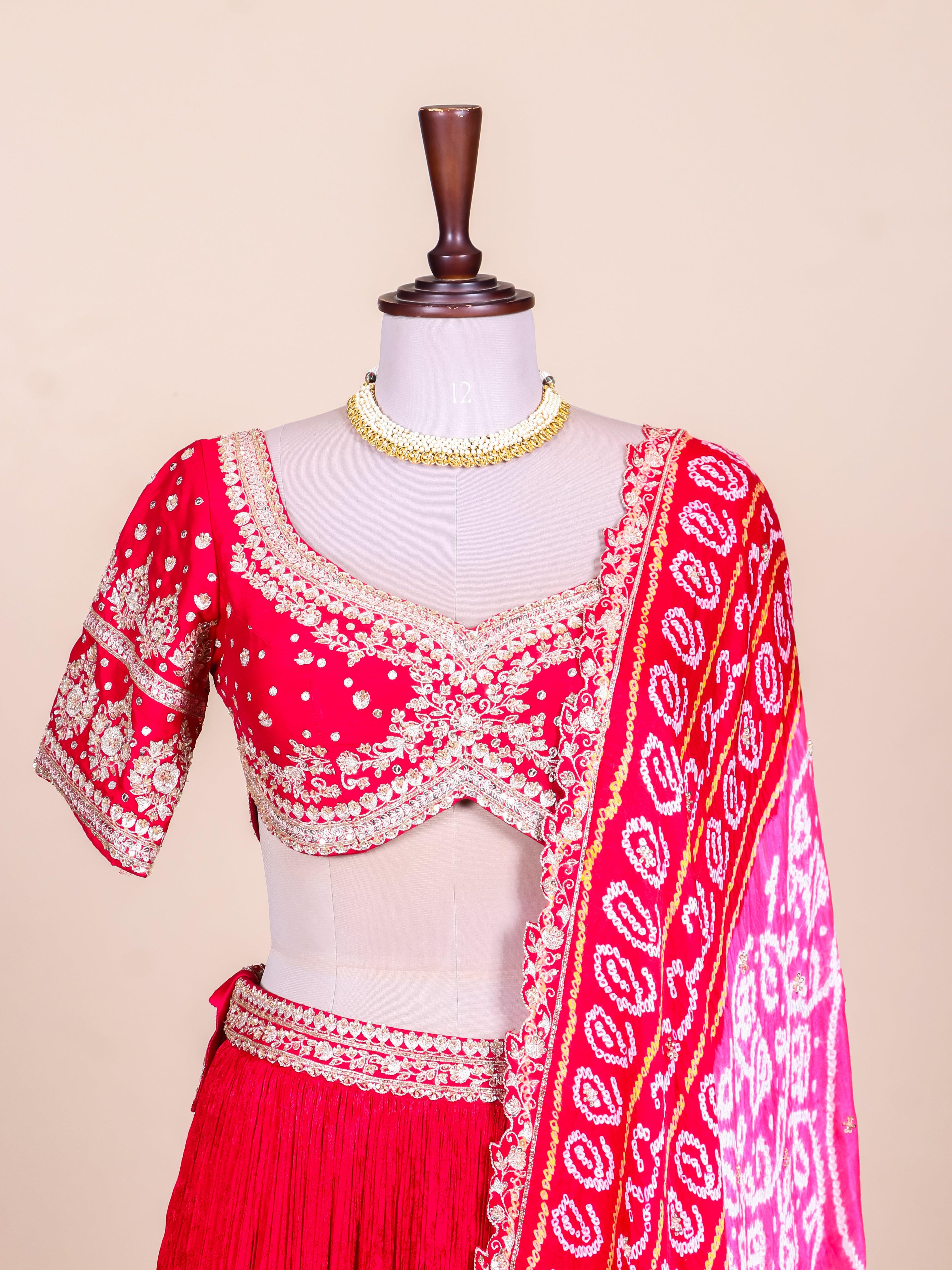 Designer Red Crepe Silk Party Wear Lehenga - Sumangal Ekam