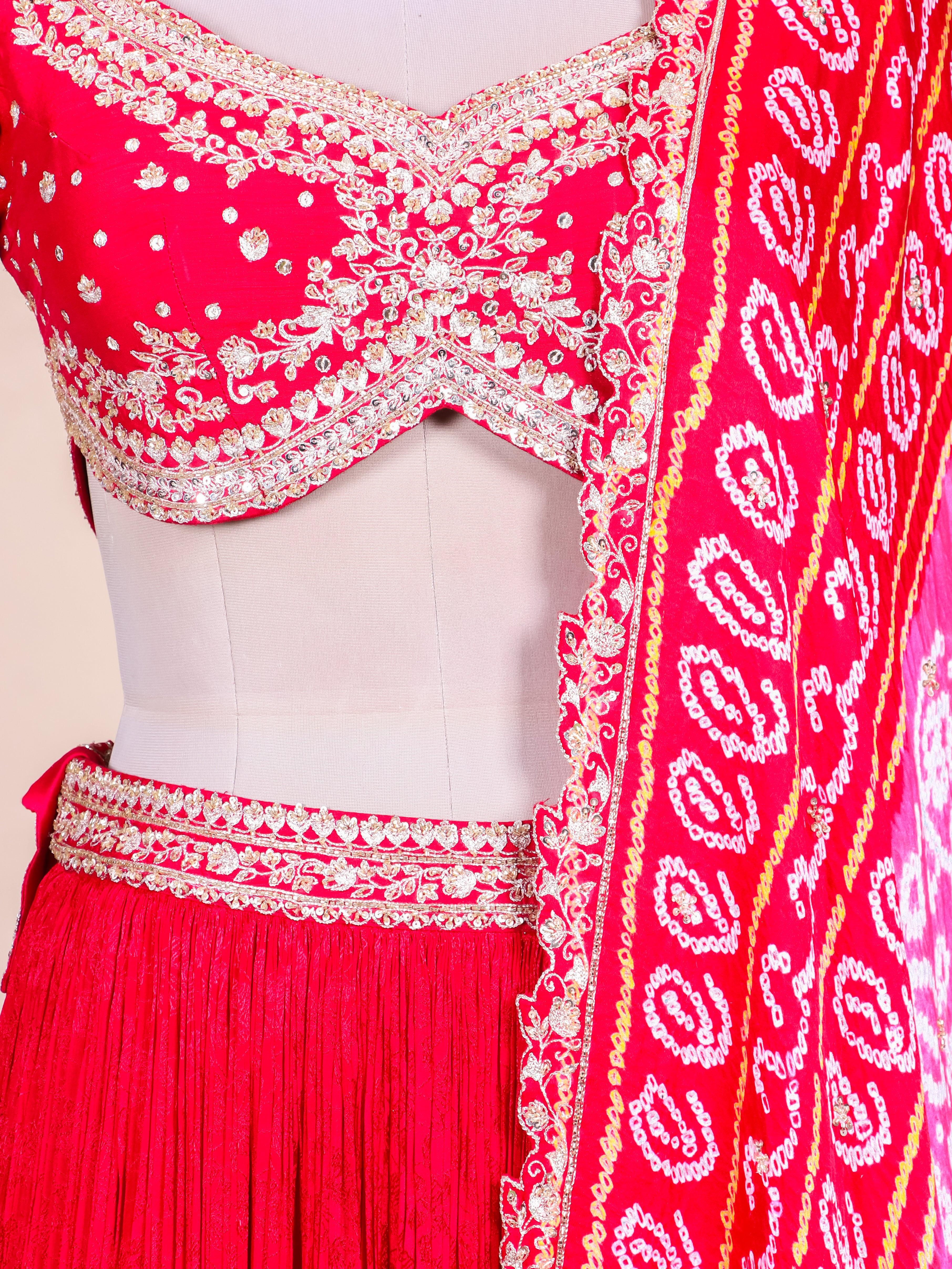 Designer Red Crepe Silk Party Wear Lehenga - Sumangal Ekam