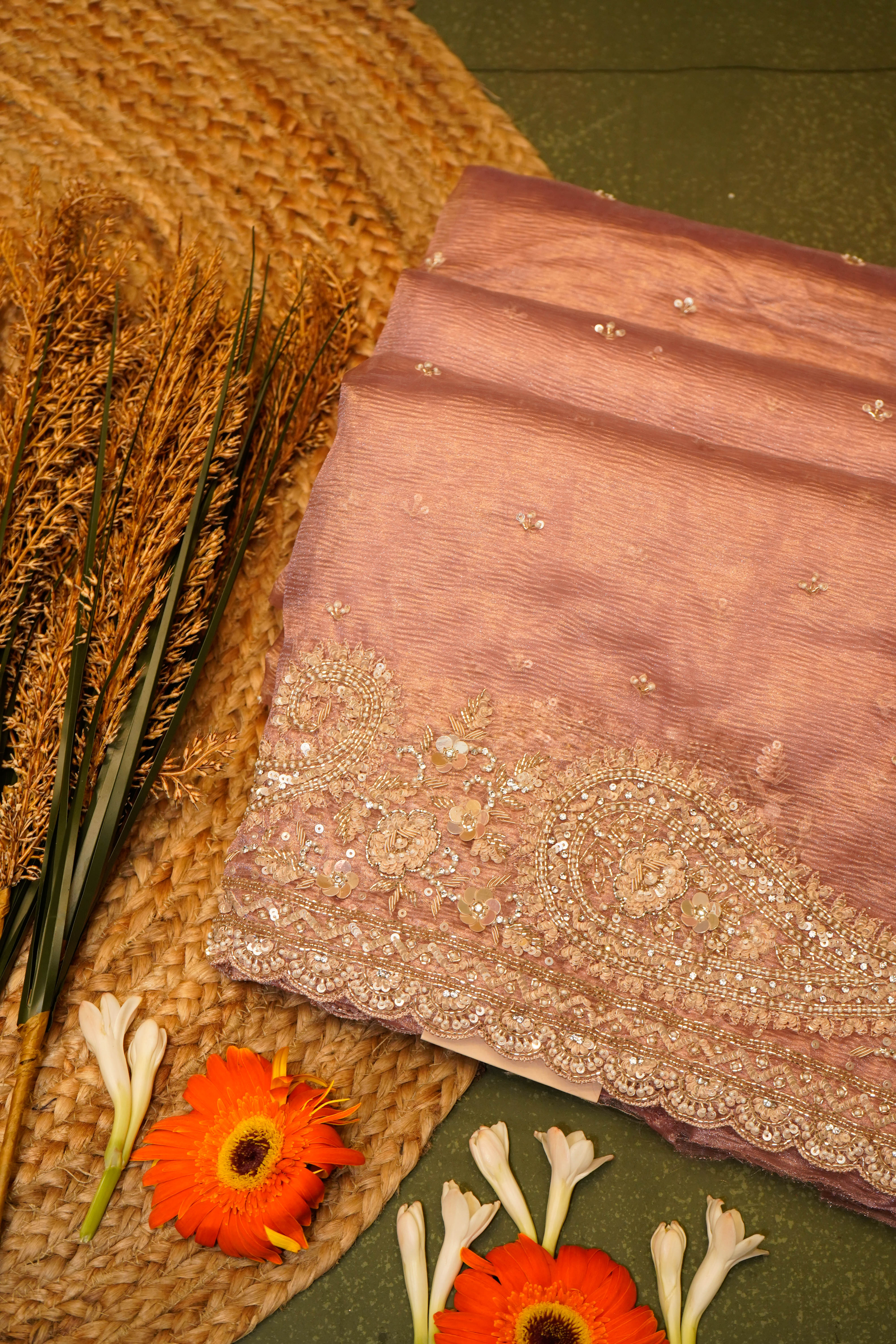 Designer Peach Crush Tissue Saree