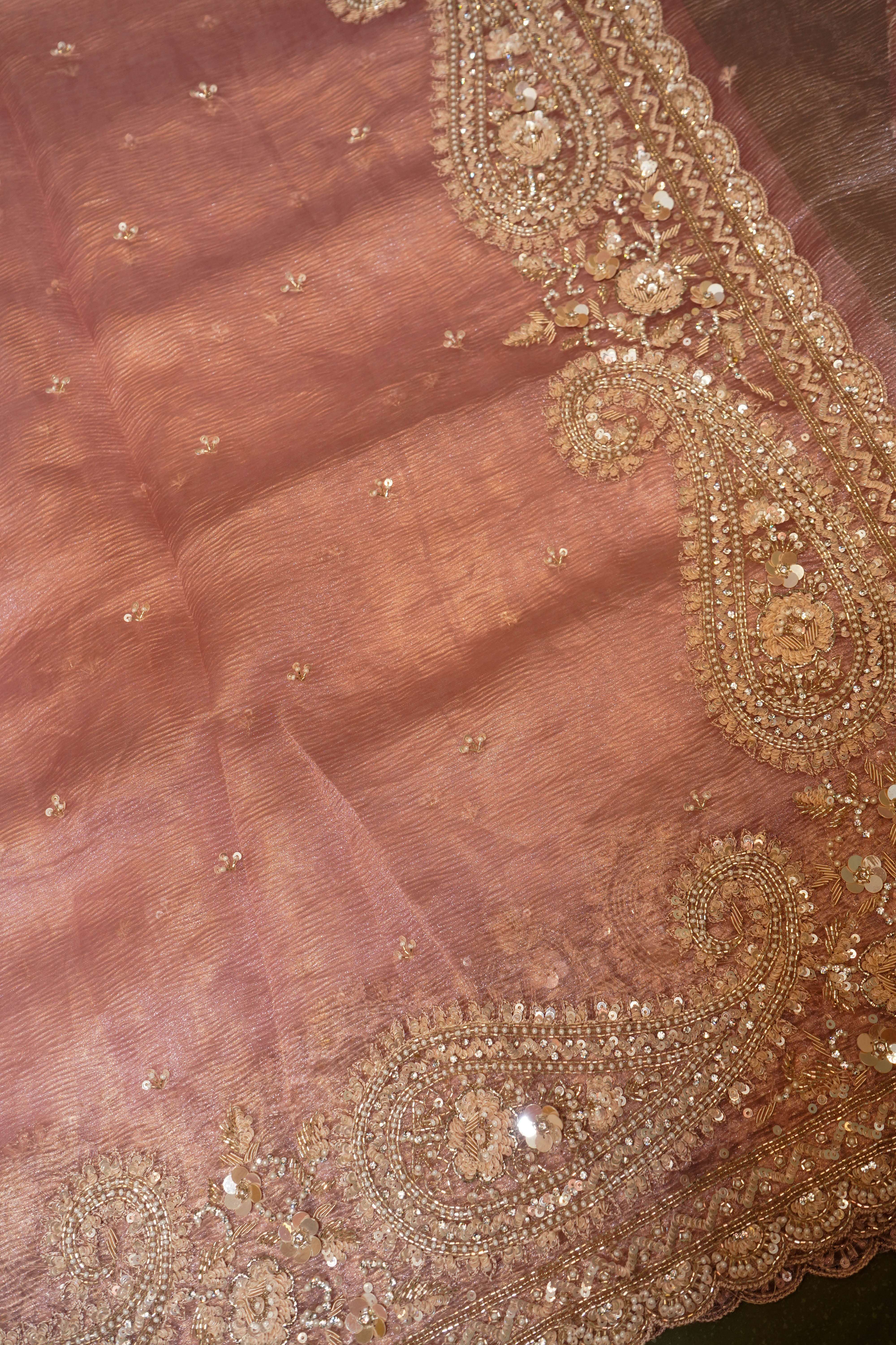 Designer Peach Crush Tissue Saree