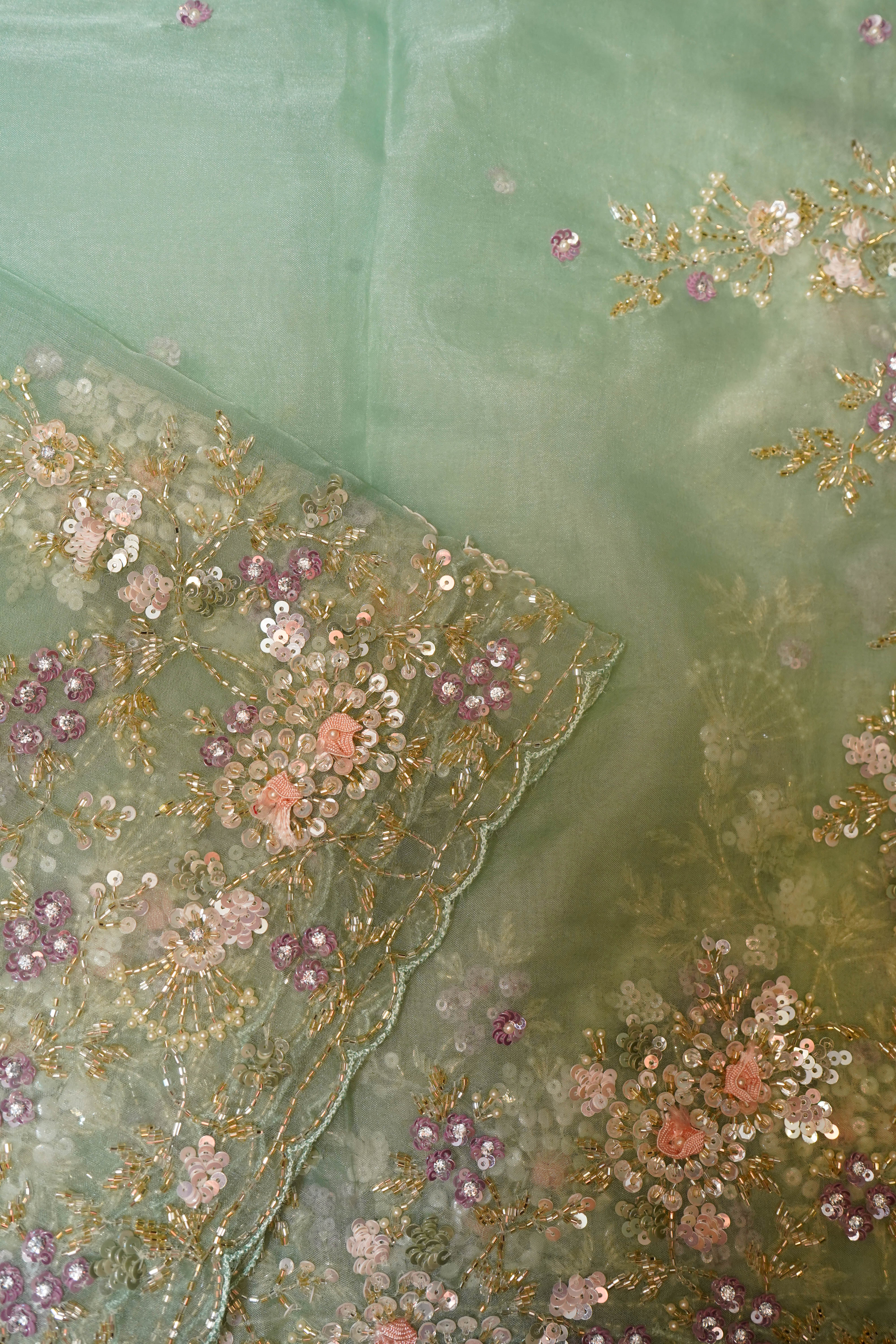 Designer Pista Green Organza Saree