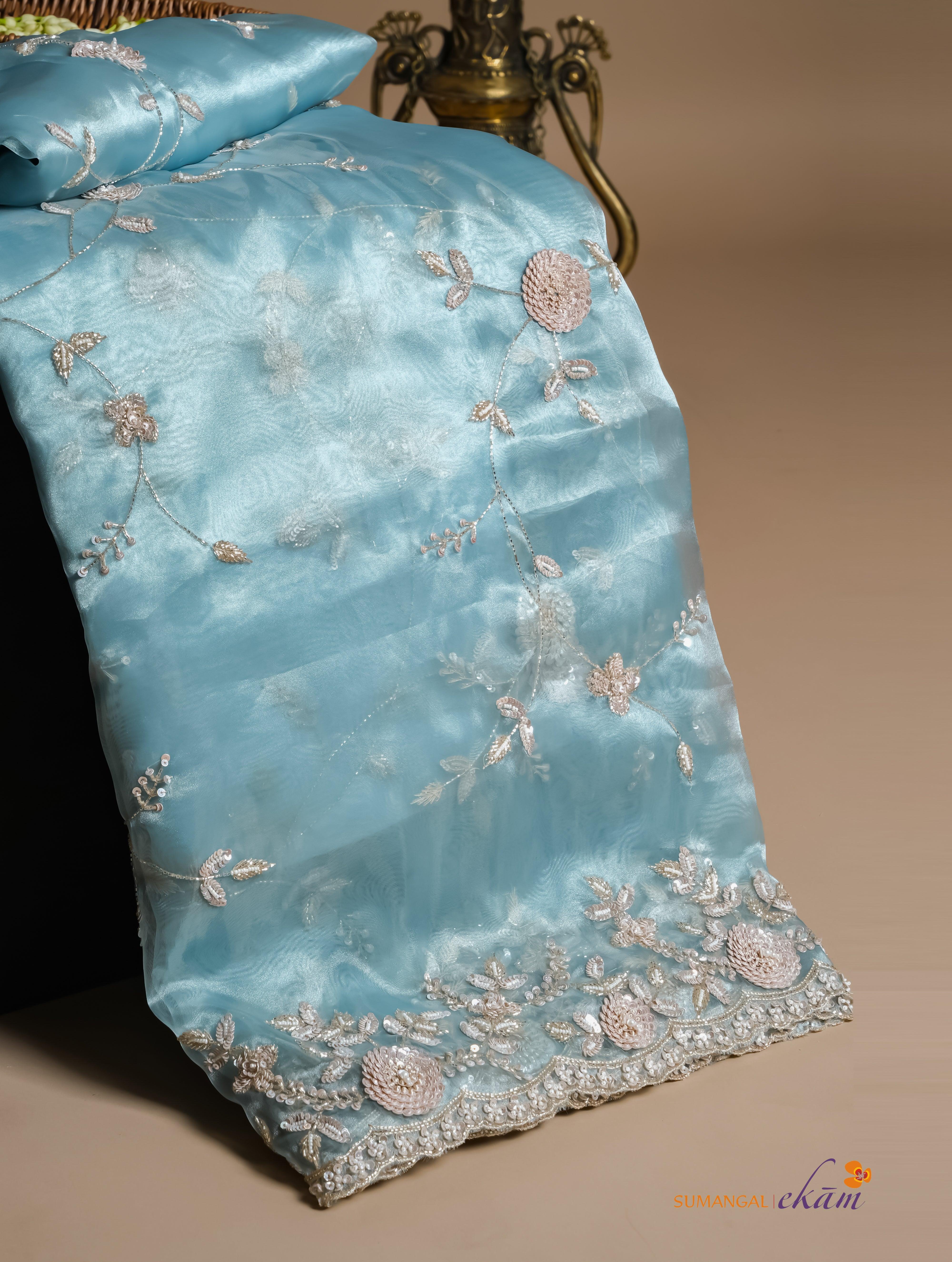 Designer Light Blue Organza Tissue Silk Saree - Sumangal Ekam
