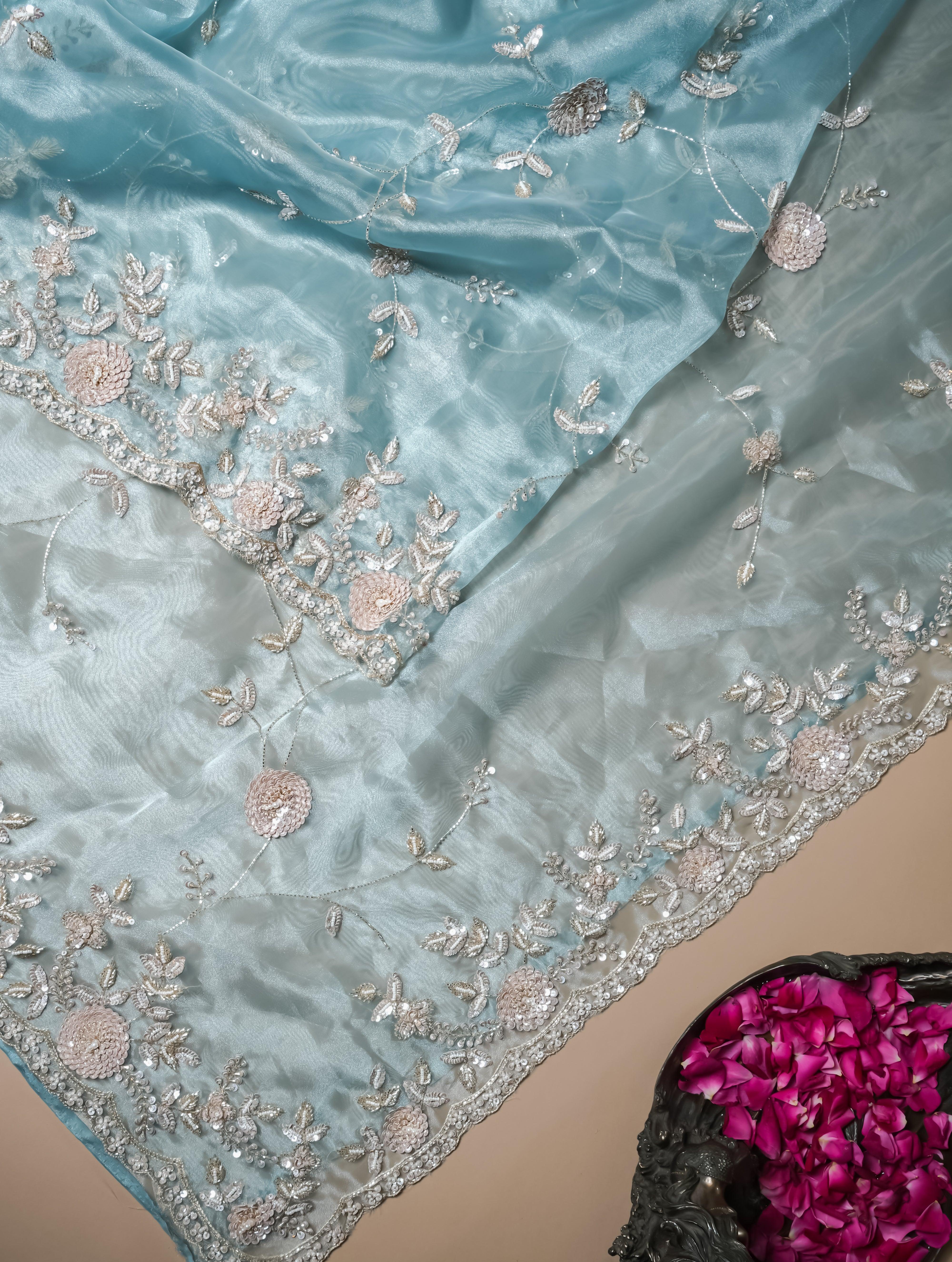 Designer Light Blue Organza Tissue Silk Saree - Sumangal Ekam