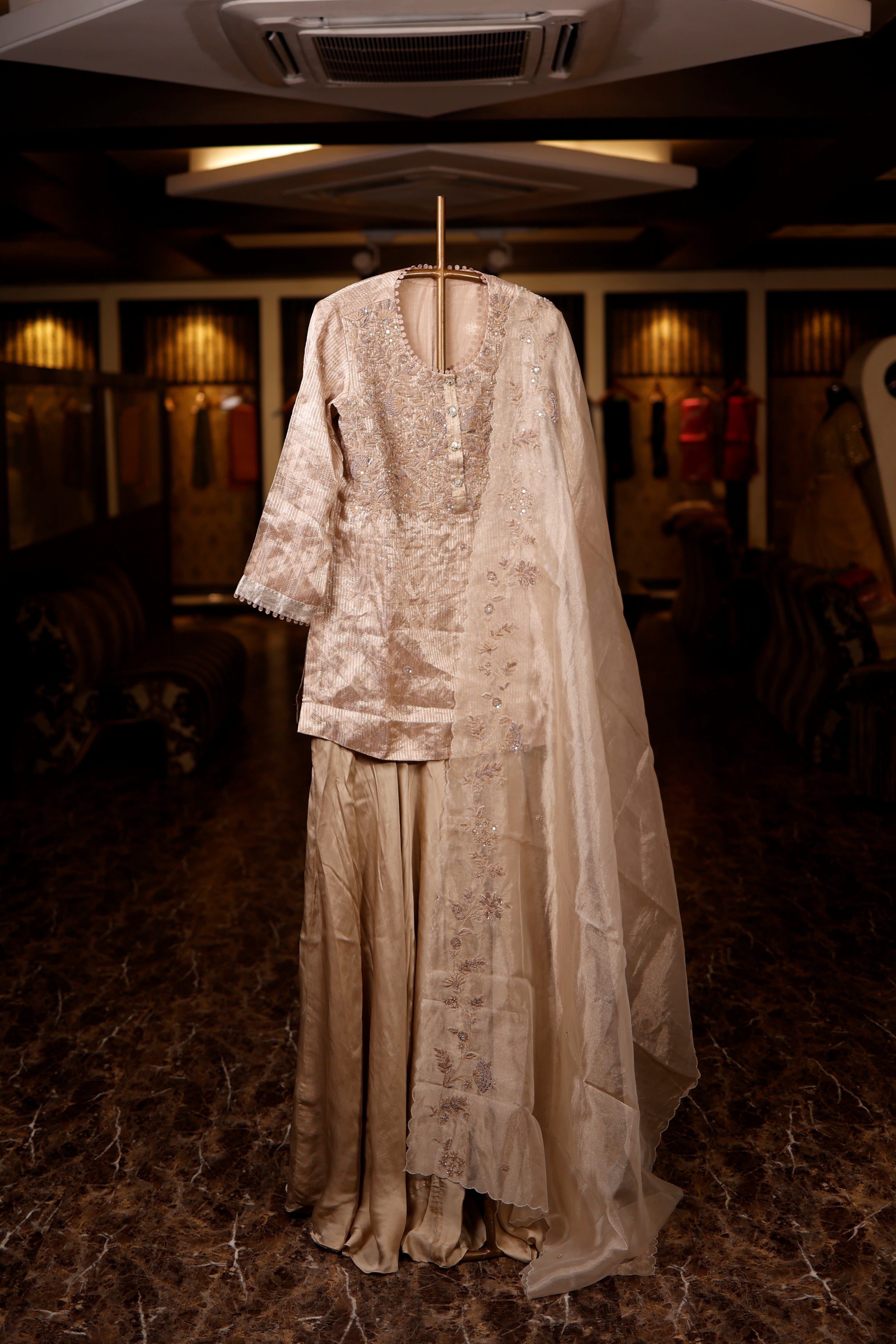 Designer Beige Tissue Silk Suit Set