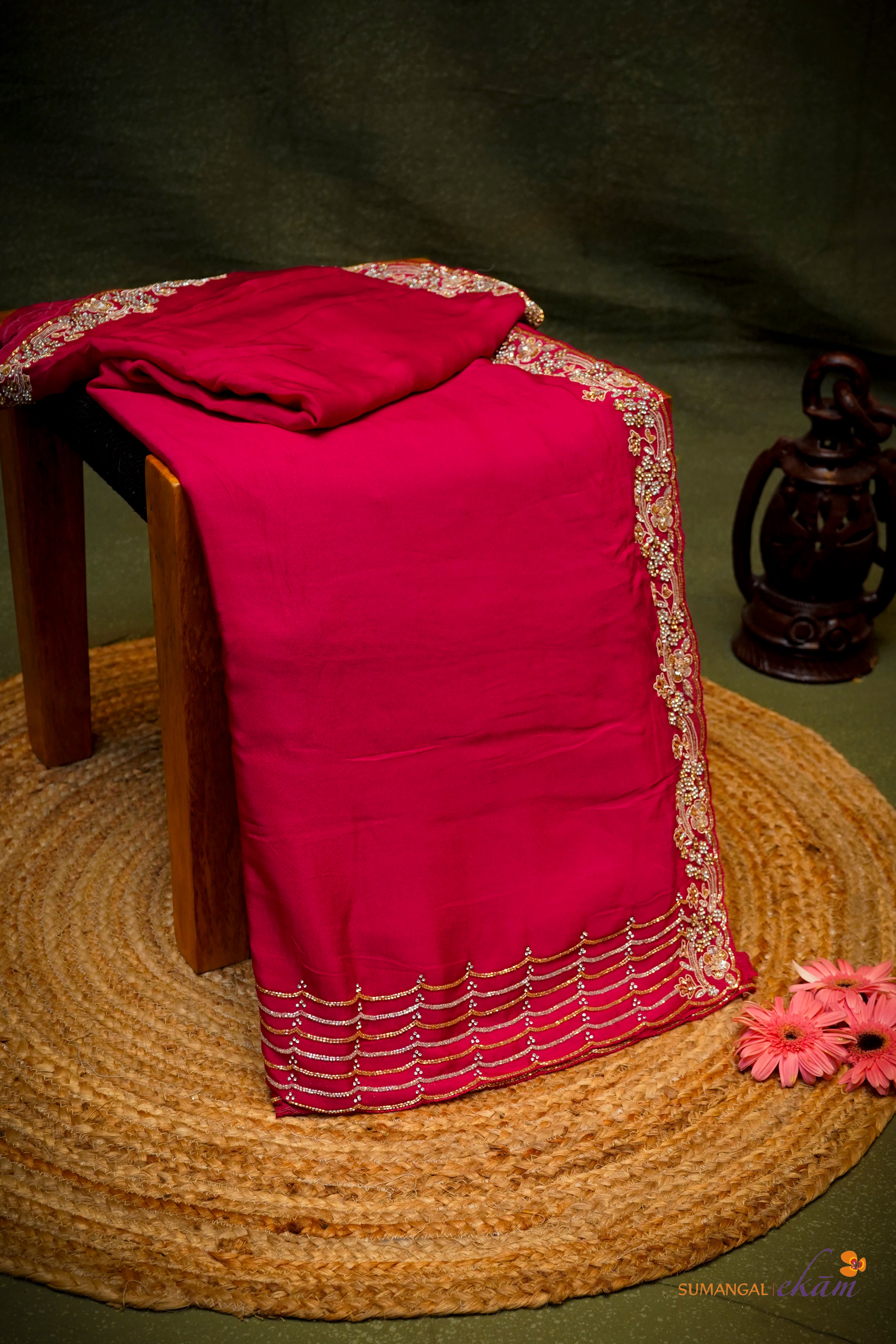 Designer Pink Crepe Silk Saree