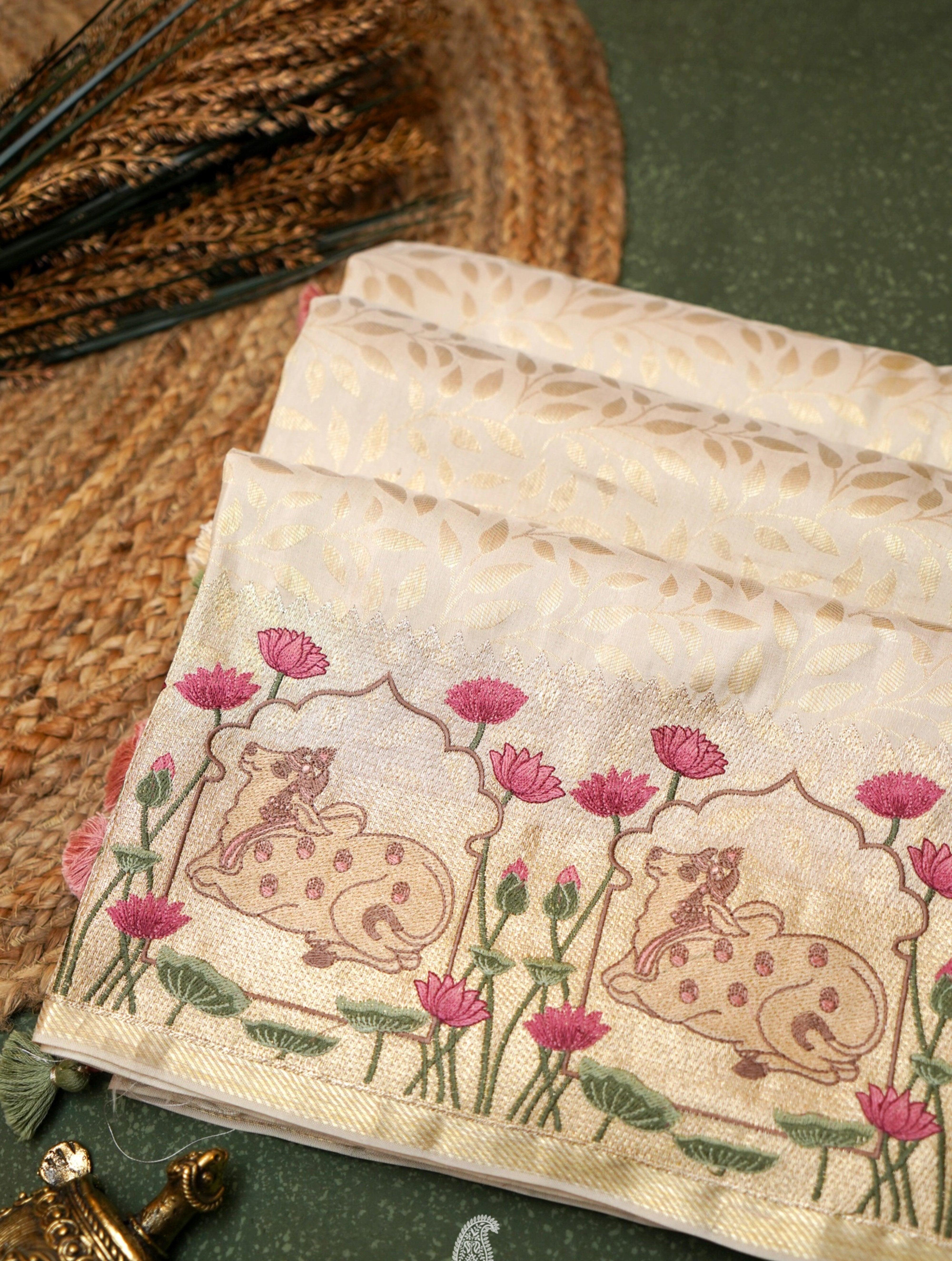 Designer Cream Katan Silk Saree