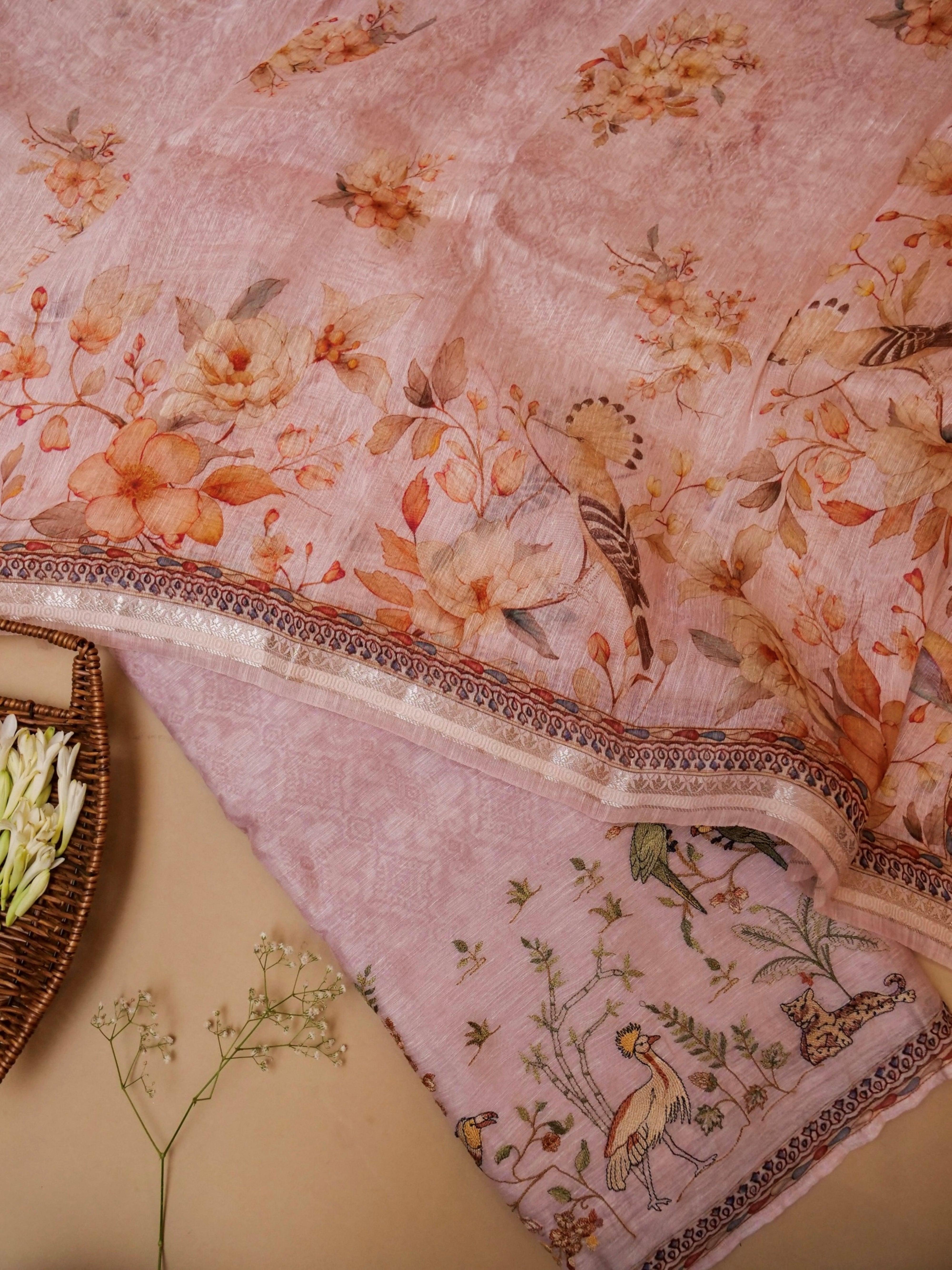 Handwoven Pastel Pink Banarasi Linen Silk Suit - Sumangal Ekam