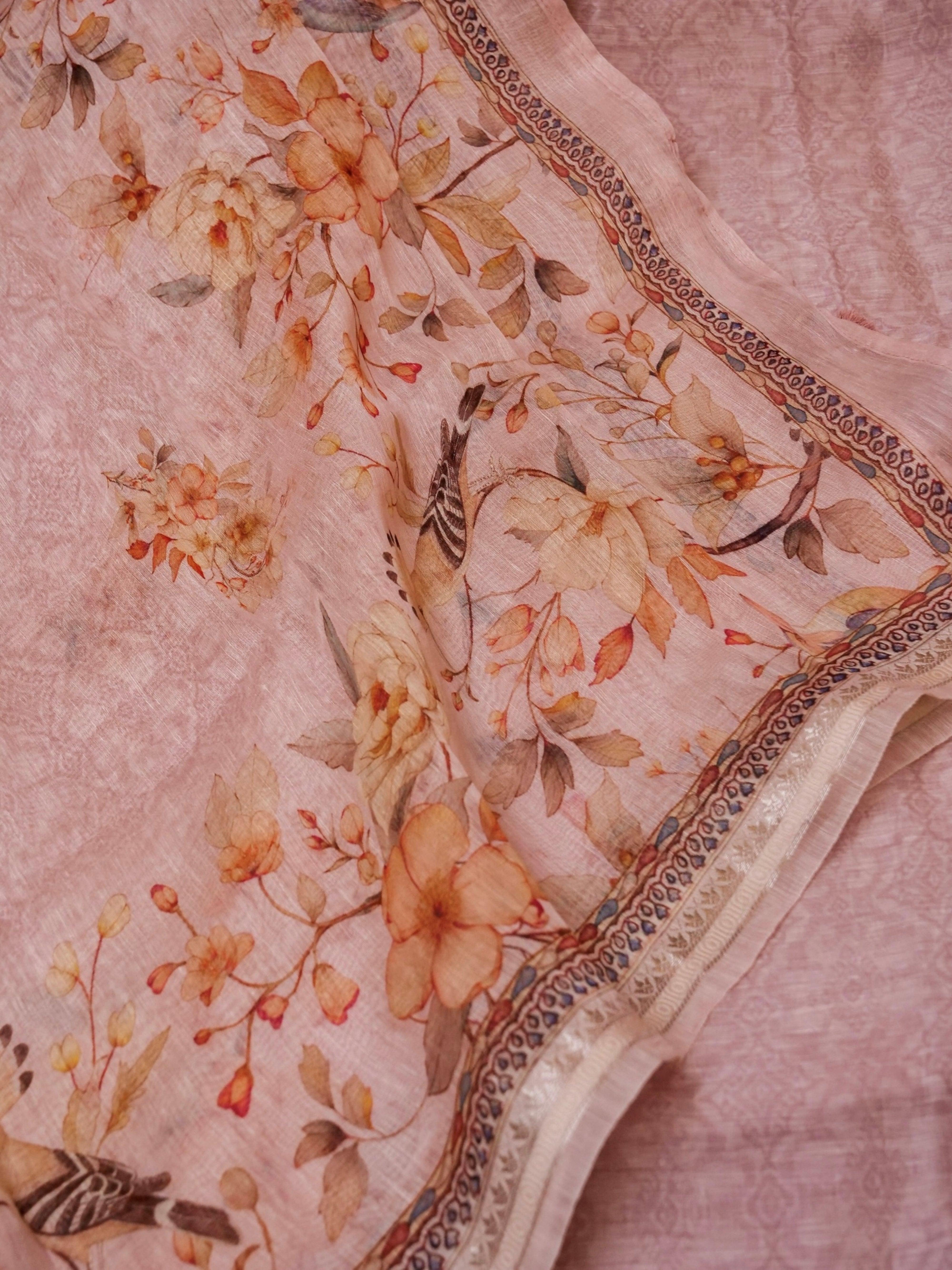 Handwoven Pastel Pink Banarasi Linen Silk Suit - Sumangal Ekam