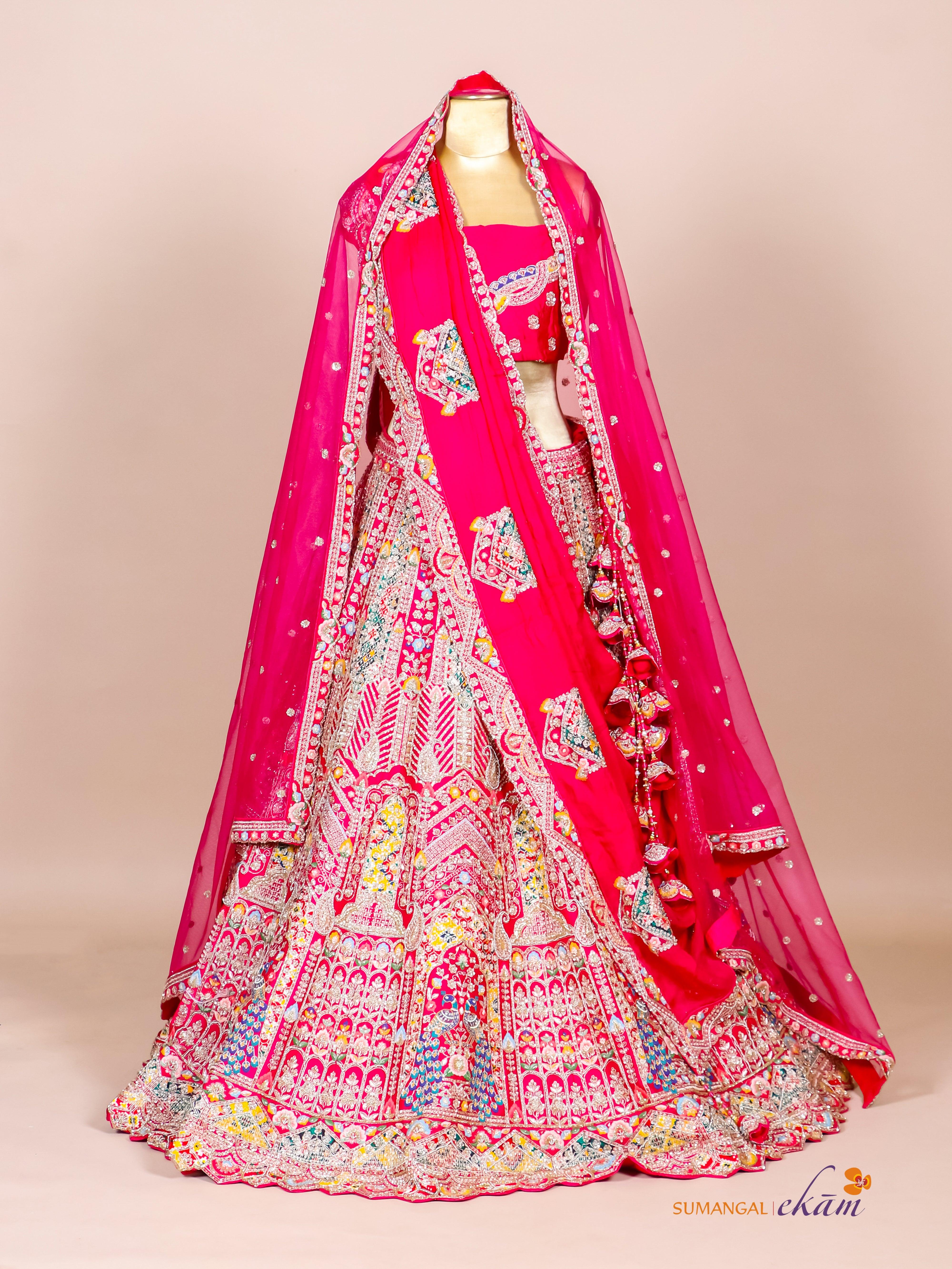 Designer Rani Pink Raw Silk Bridal Lehenga - Sumangal Ekam