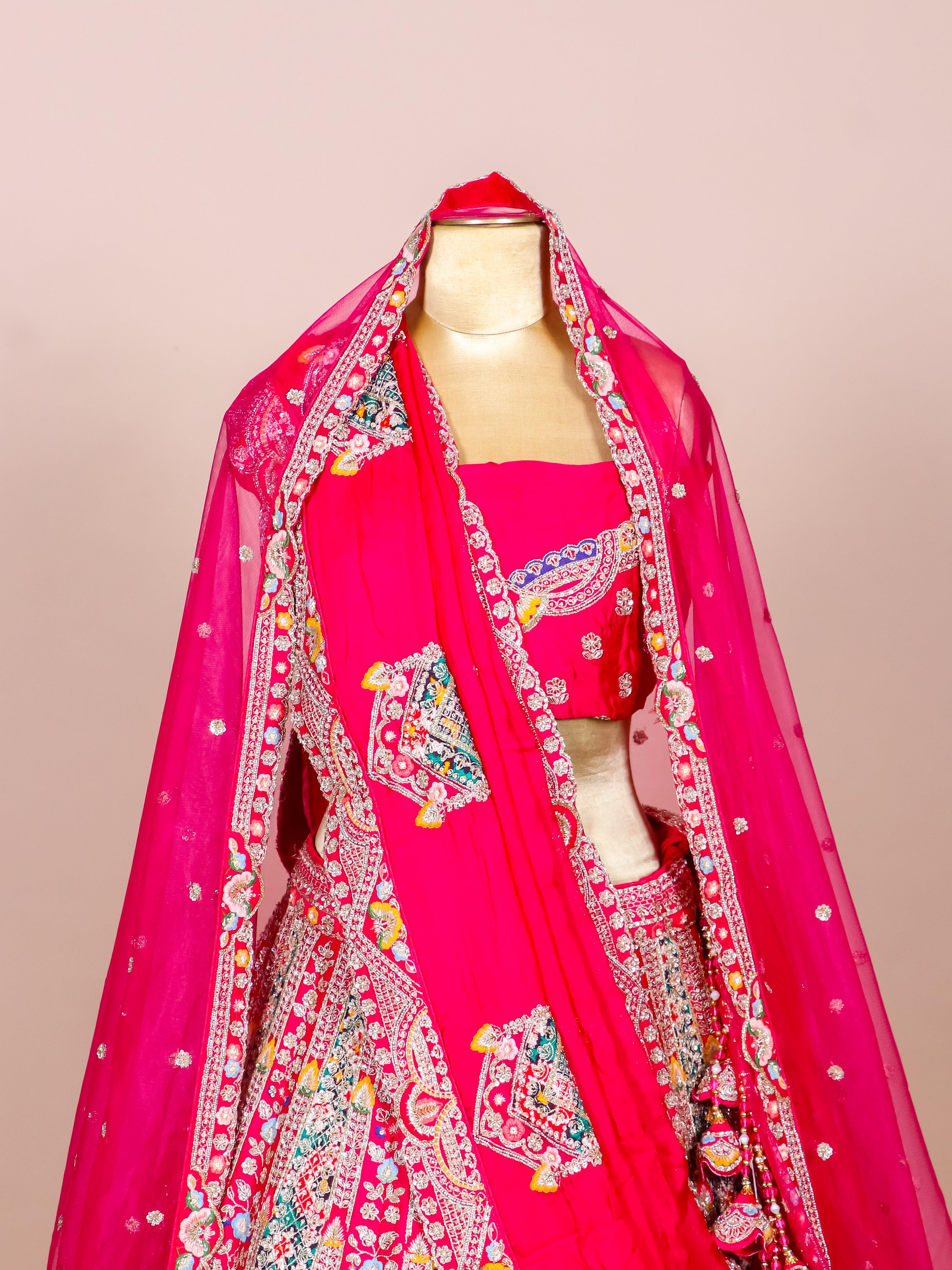 Designer Rani Pink Raw Silk Bridal Lehenga - Sumangal Ekam