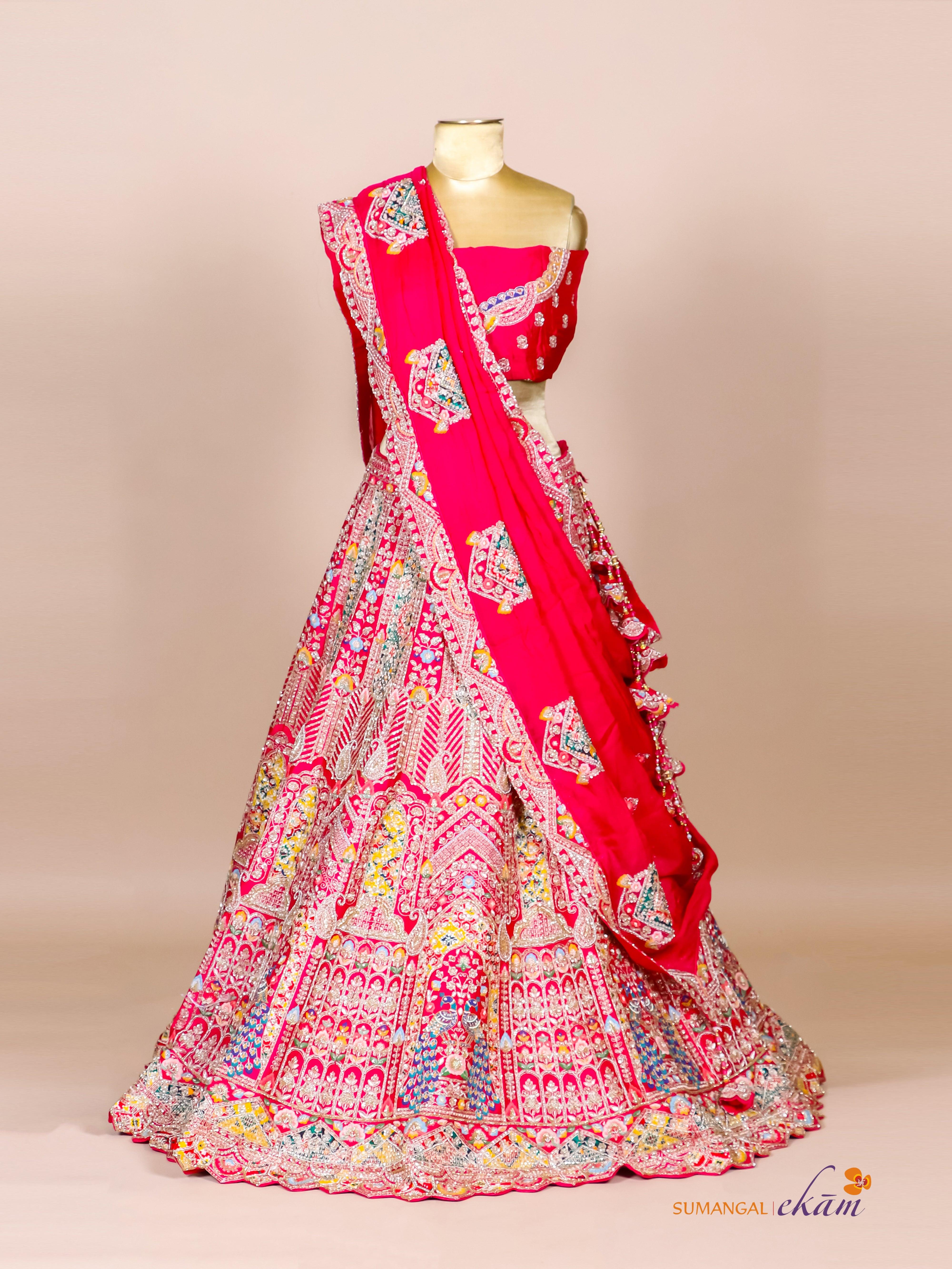 Designer Rani Pink Raw Silk Bridal Lehenga - Sumangal Ekam