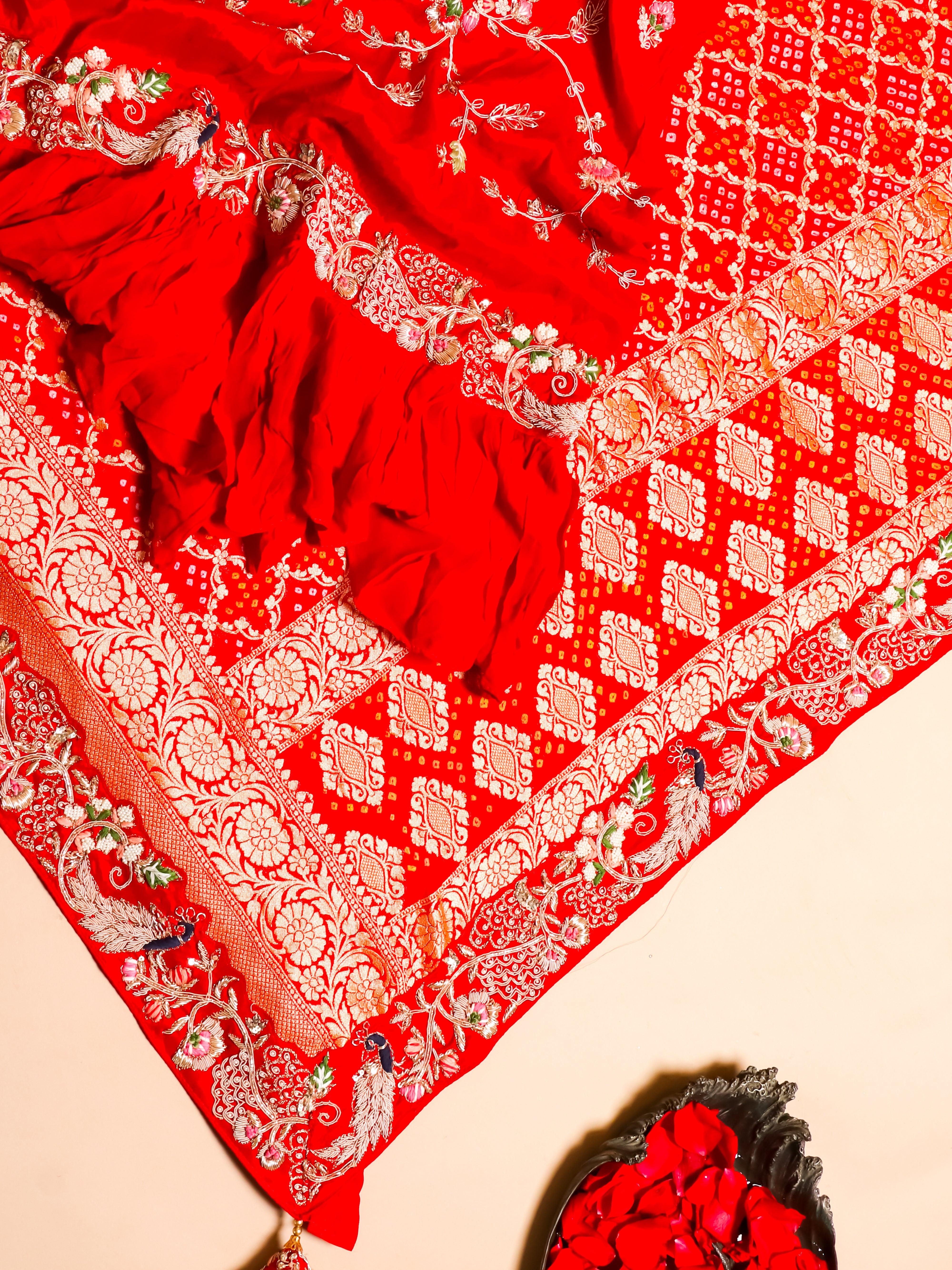 Handwoven Red Banarasi Khaddi Georgette Saree - Sumangal Ekam