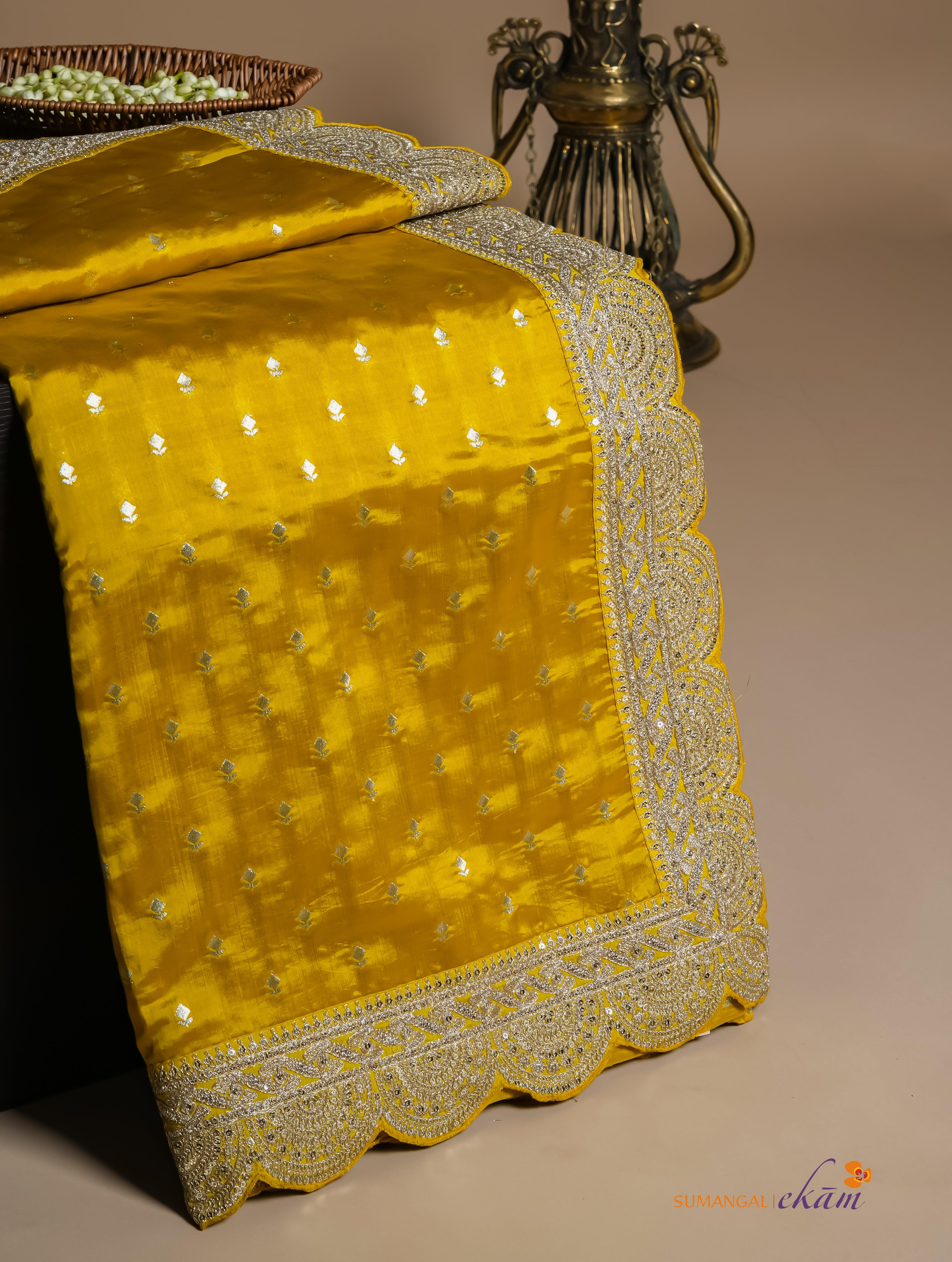 Handwoven Yellow Banarasi Katan Silk Saree - Sumangal Ekam