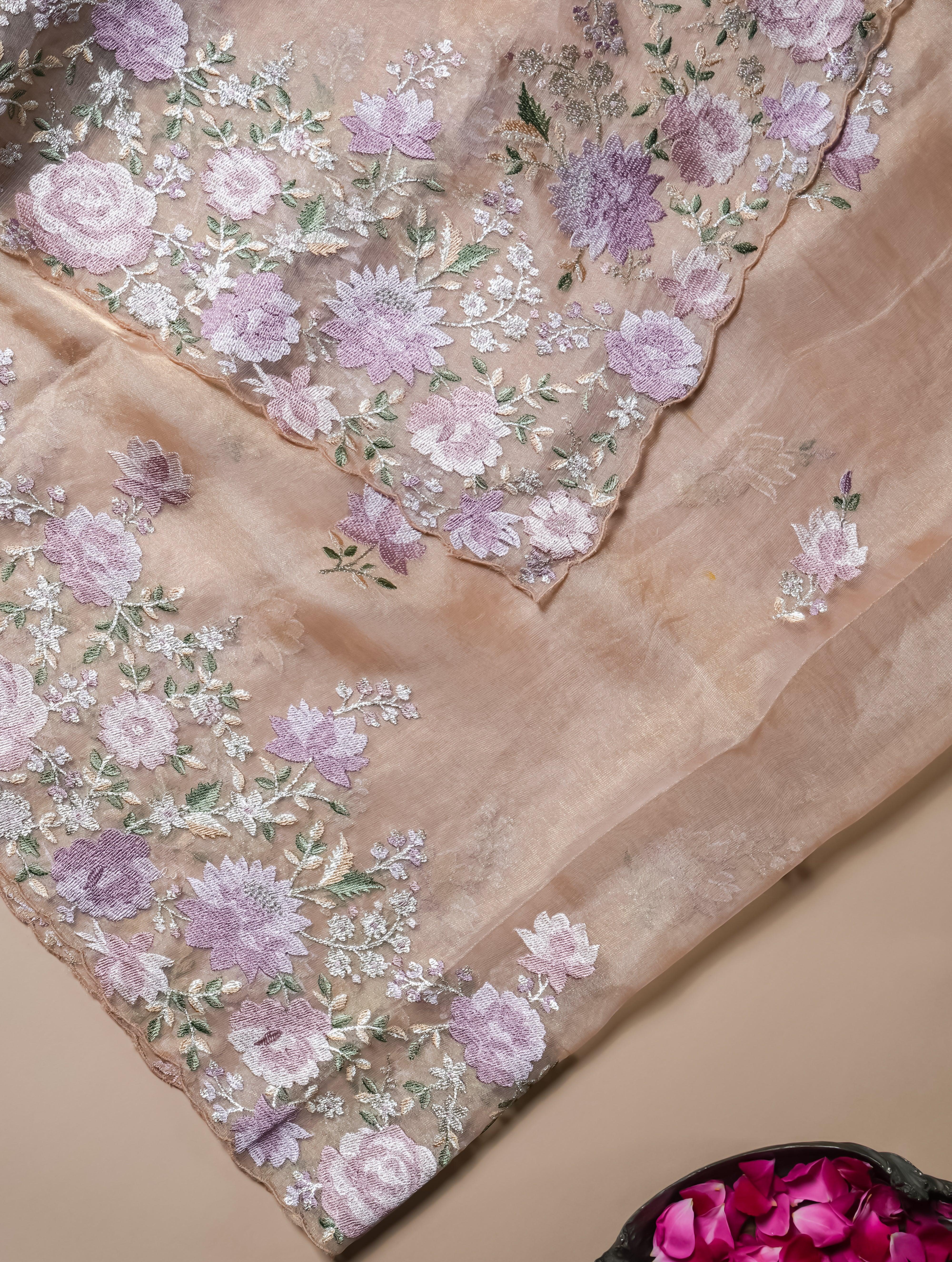 Designer Peach Organza Tissue Silk Saree - Sumangal Ekam