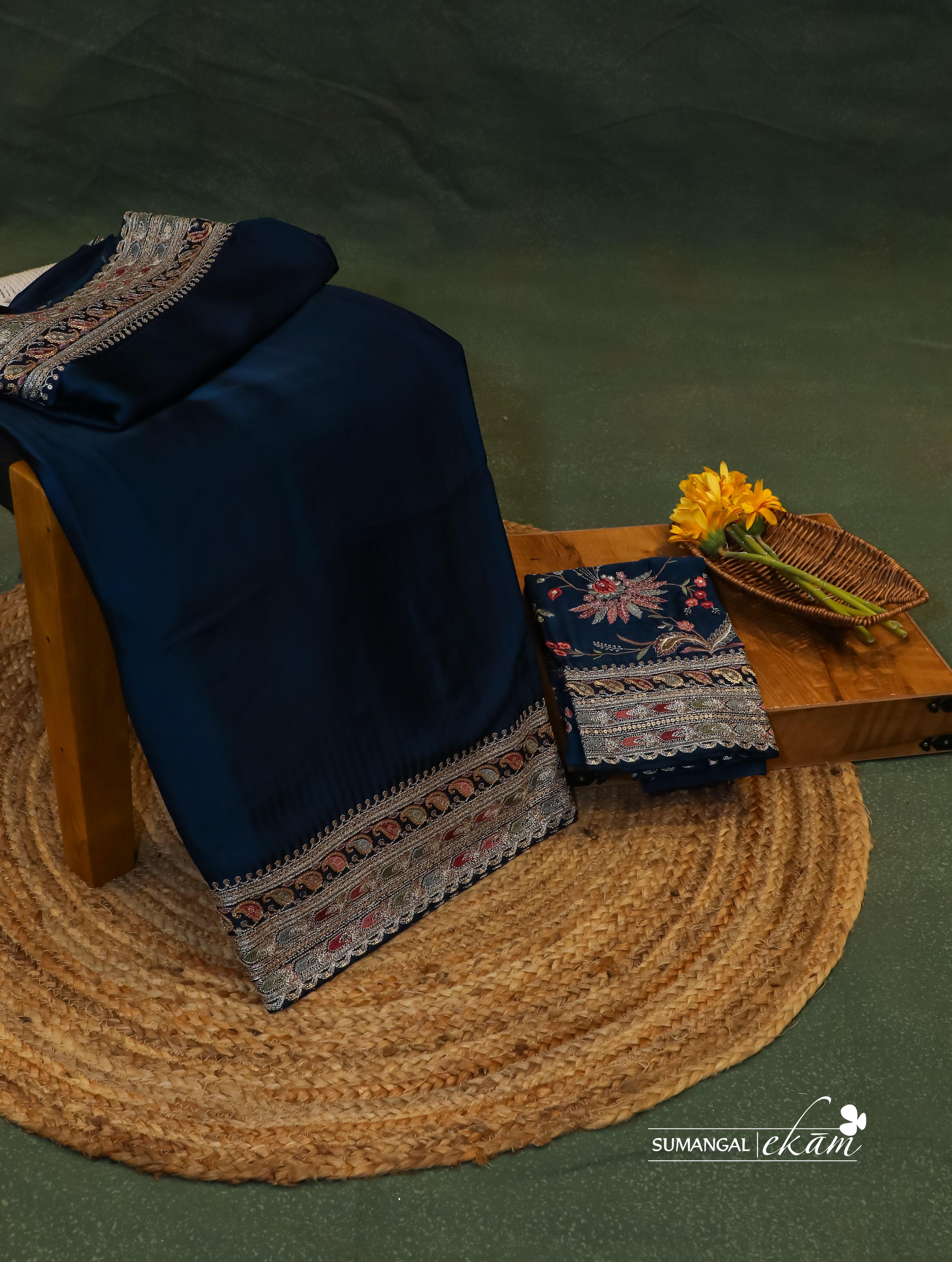 Designer Navy Blue Crepe Silk Saree