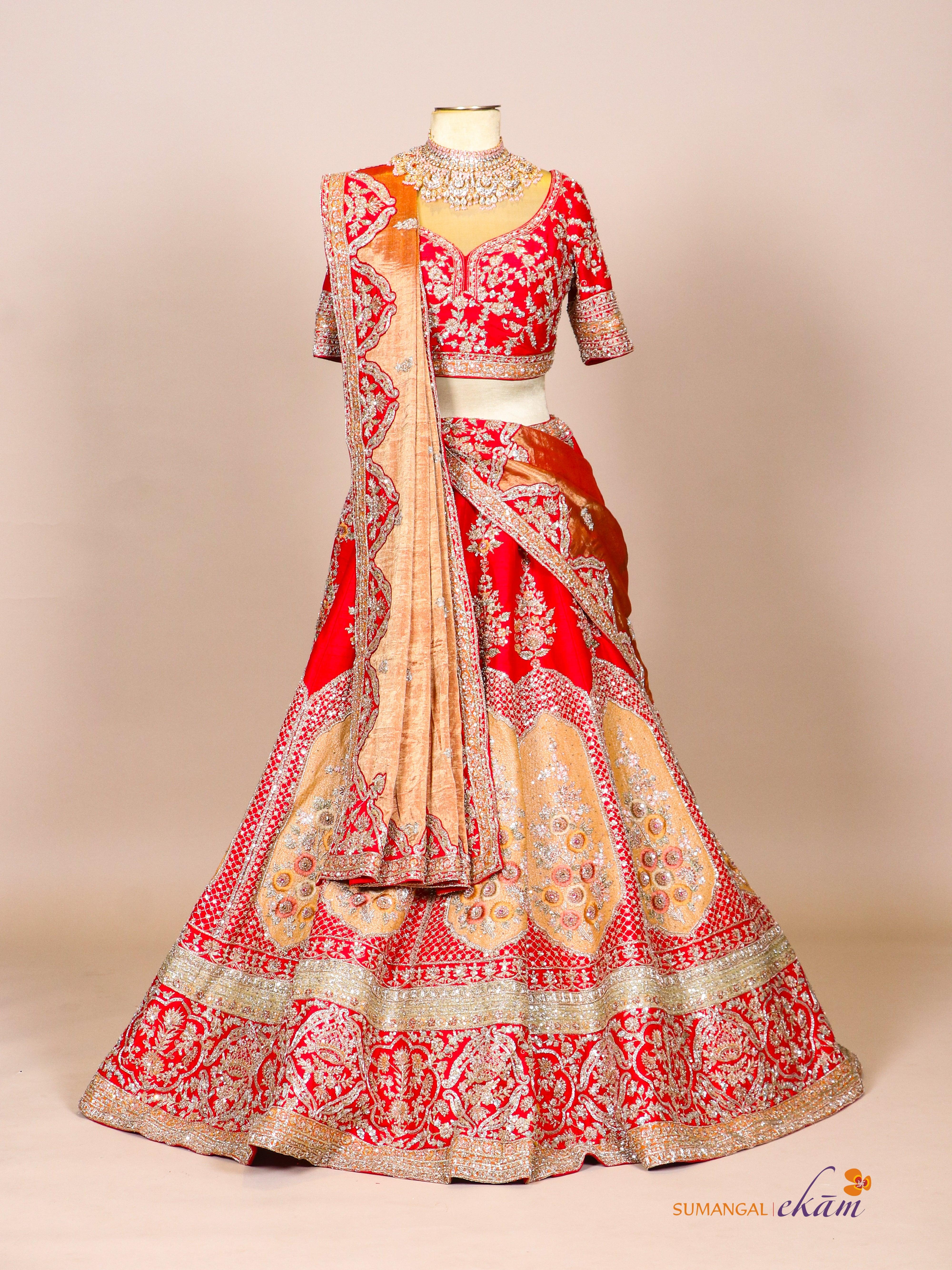 Designer Red Raw Silk Bridal Lehenga - Sumangal Ekam