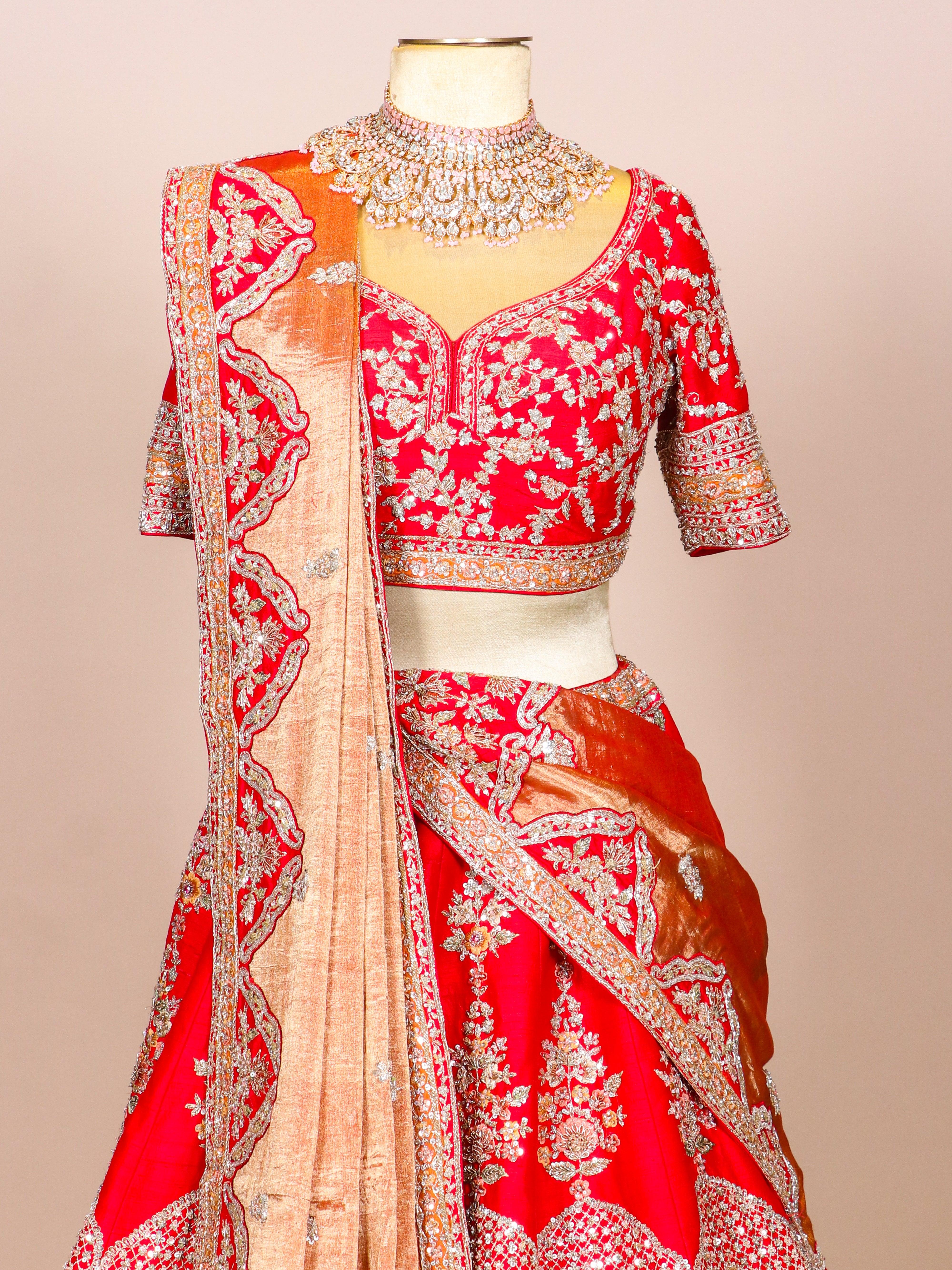 Designer Red Raw Silk Bridal Lehenga - Sumangal Ekam