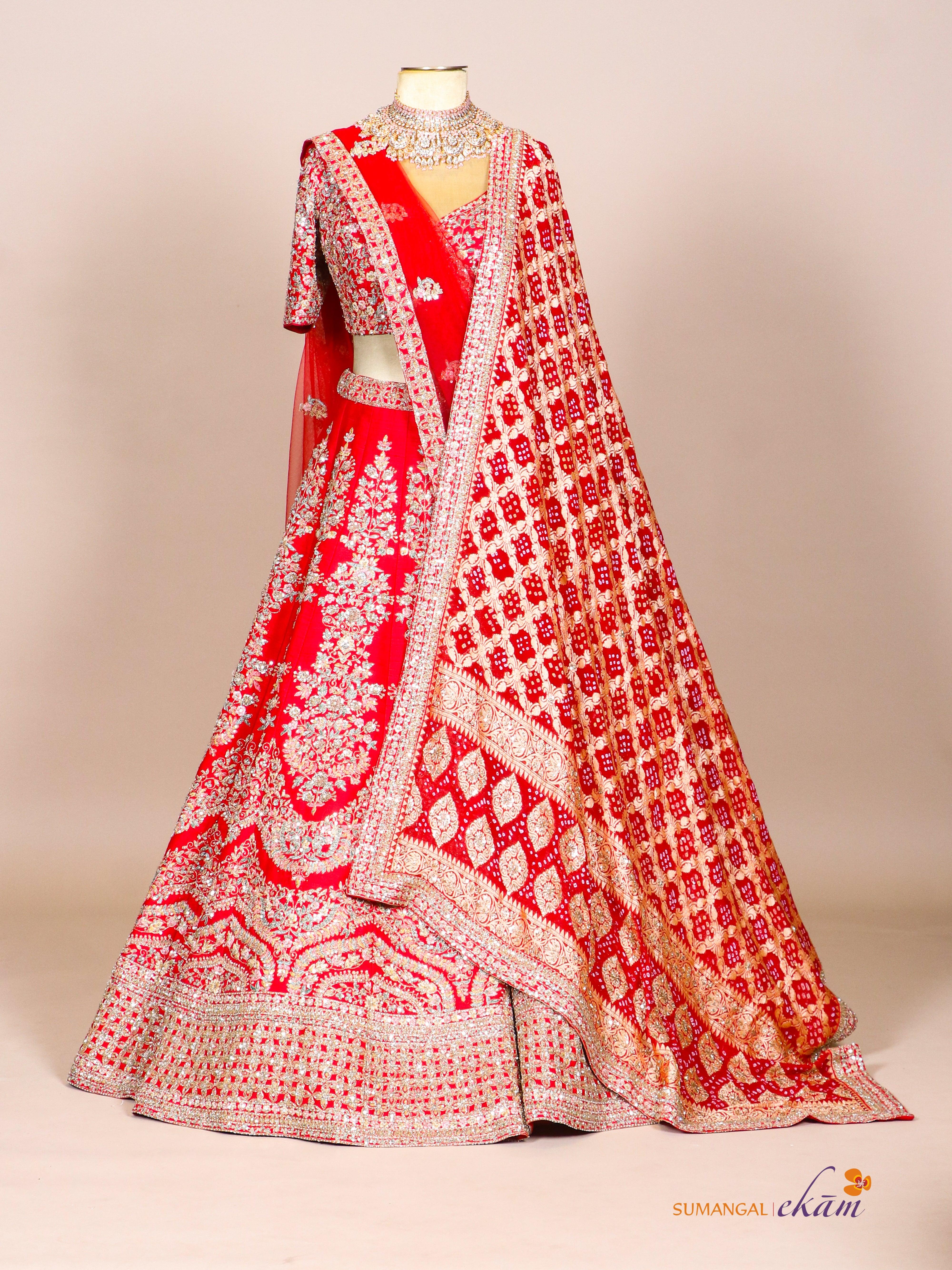 Designer Red Raw Silk Bridal Lehenga - Sumangal Ekam