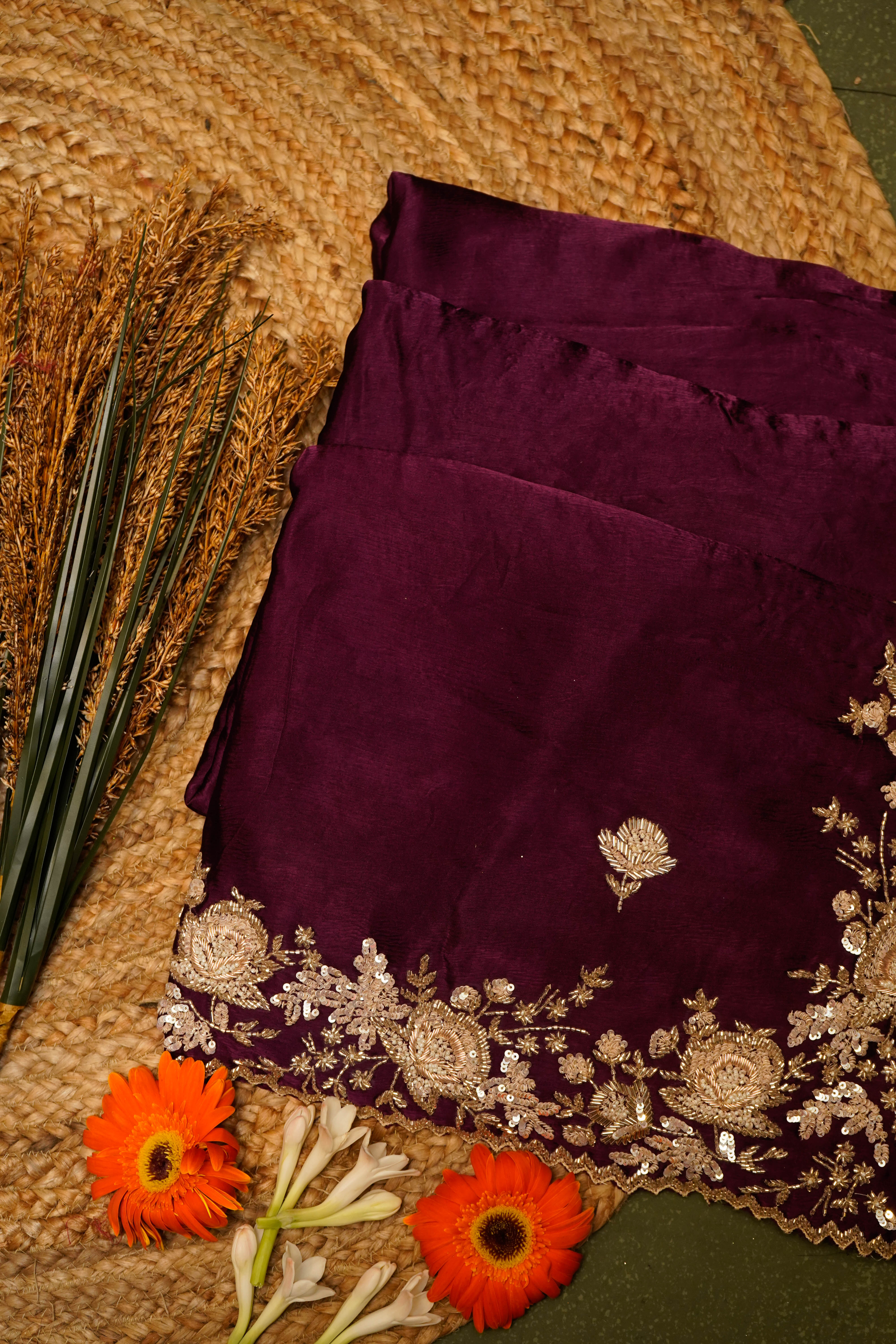 Designer Wine Crepe Silk Saree