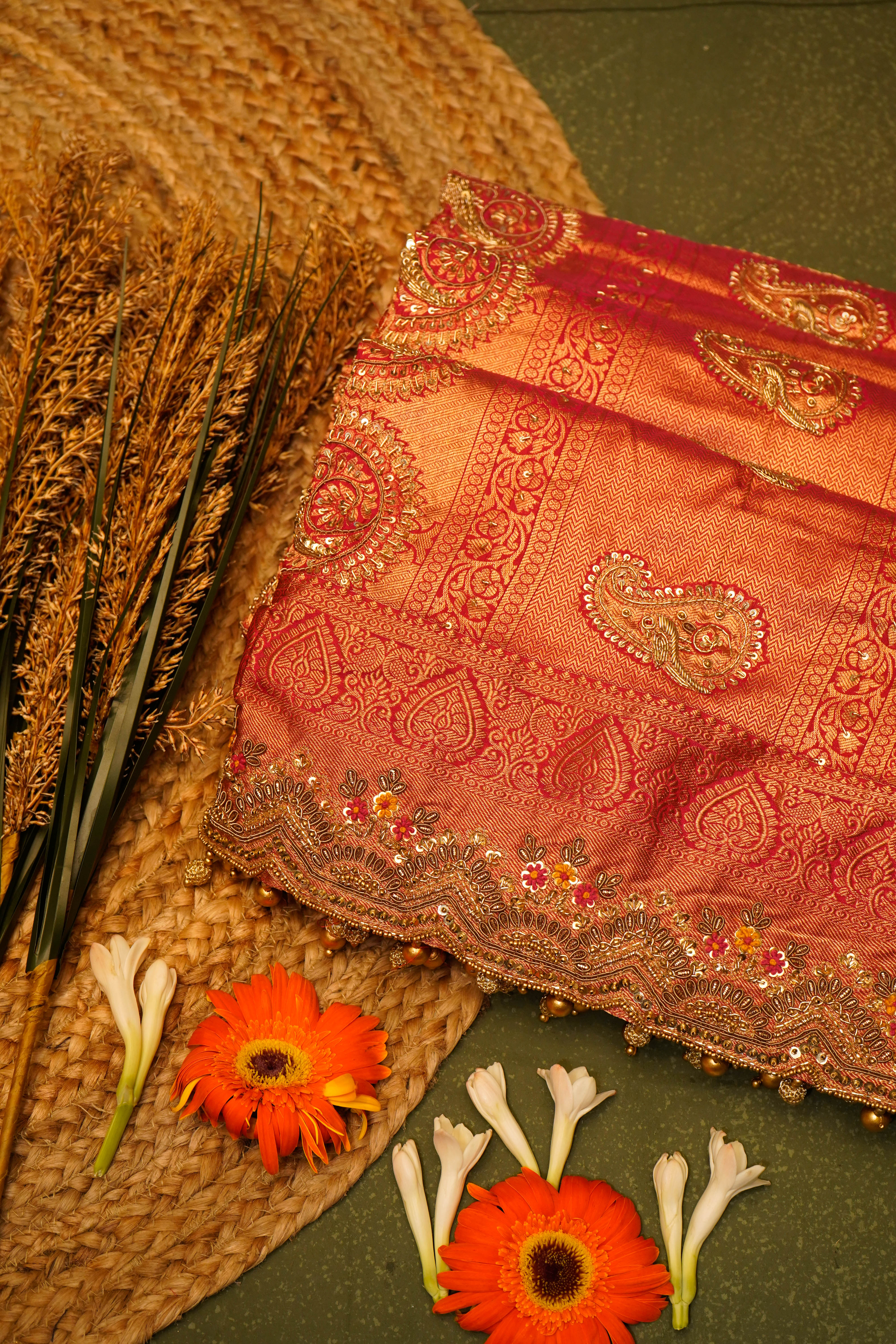 Designer Orange Katan Silk Saree