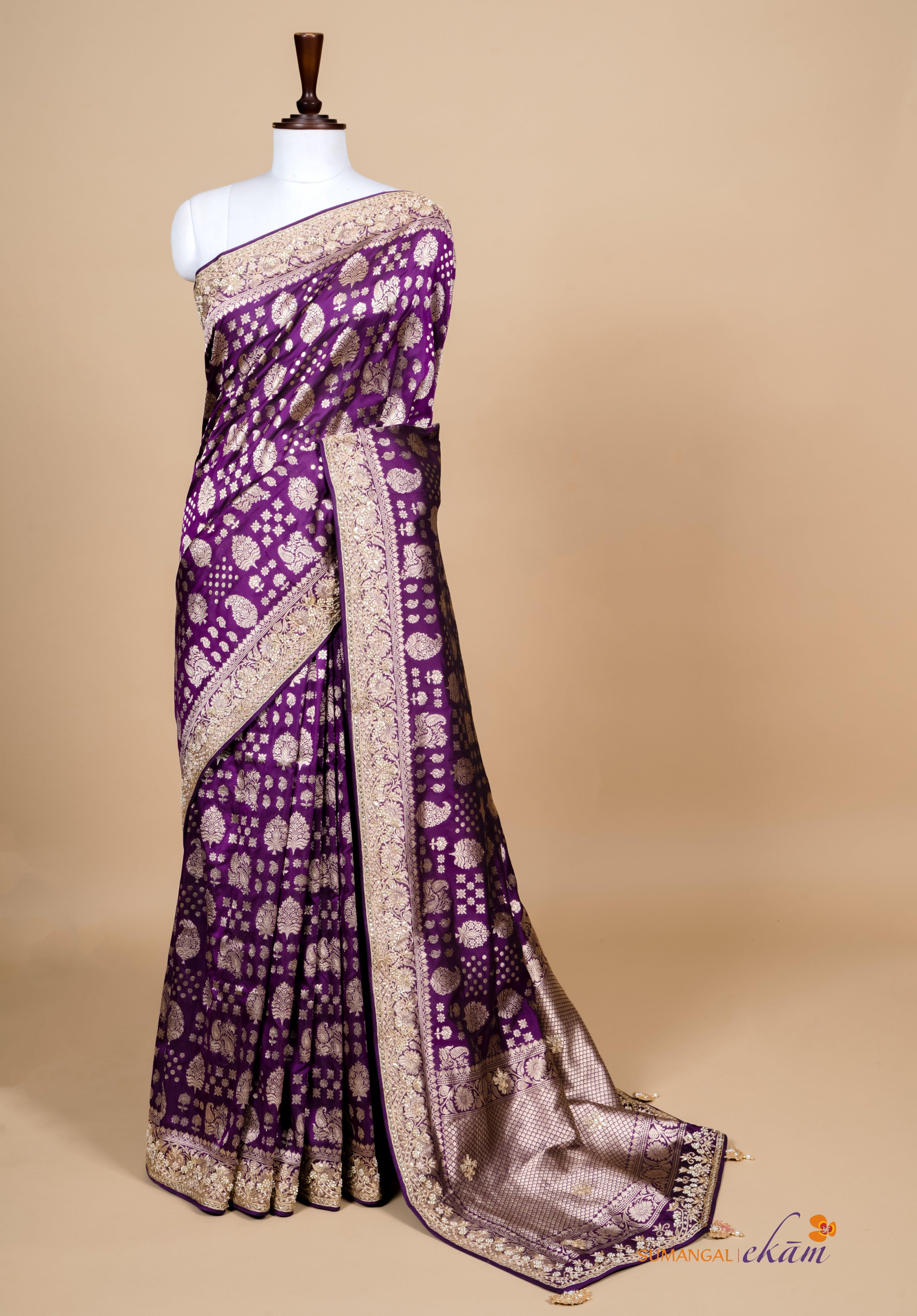 Handwoven Dark Purple Banarasi Katan Silk Saree - Sumangal Ekam