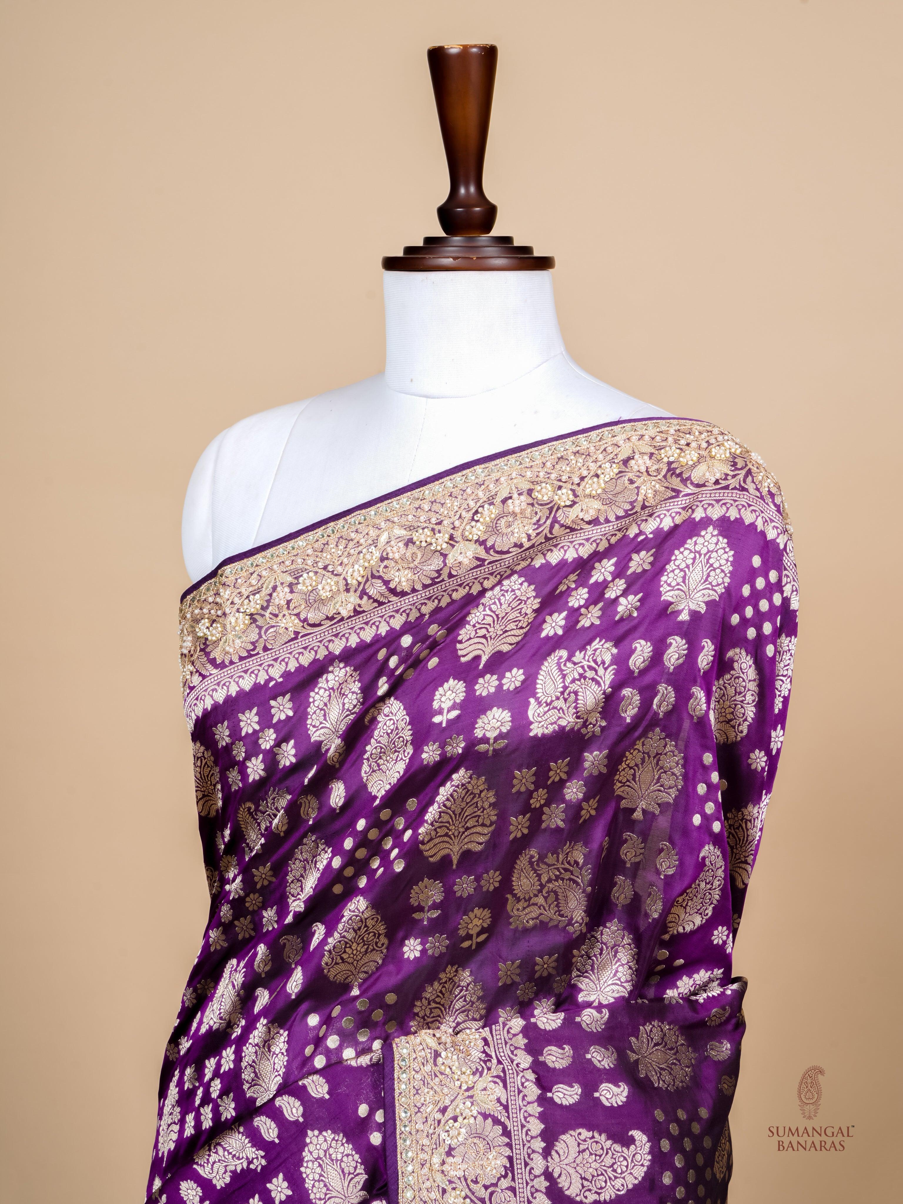 Handwoven Dark Purple Banarasi Katan Silk Saree - Sumangal Ekam