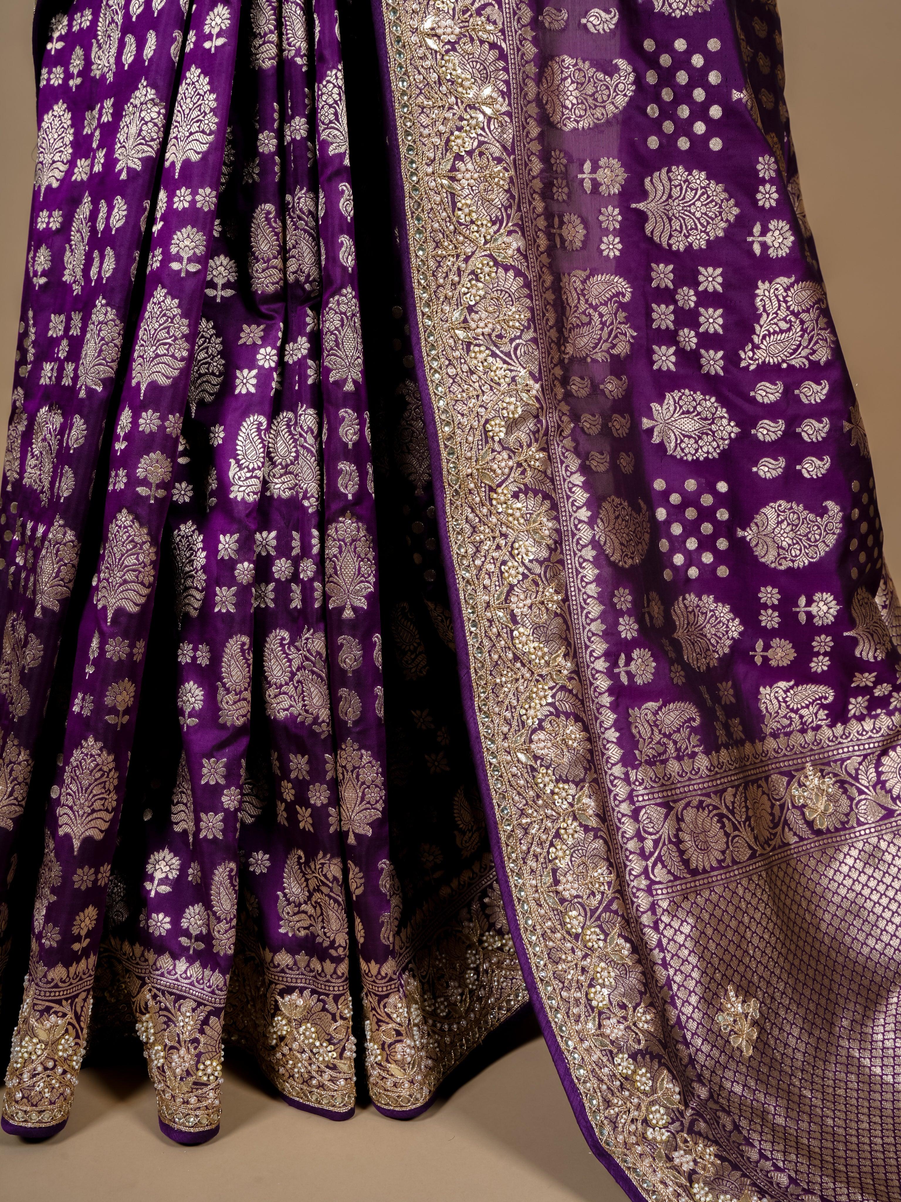 Handwoven Dark Purple Banarasi Katan Silk Saree - Sumangal Ekam