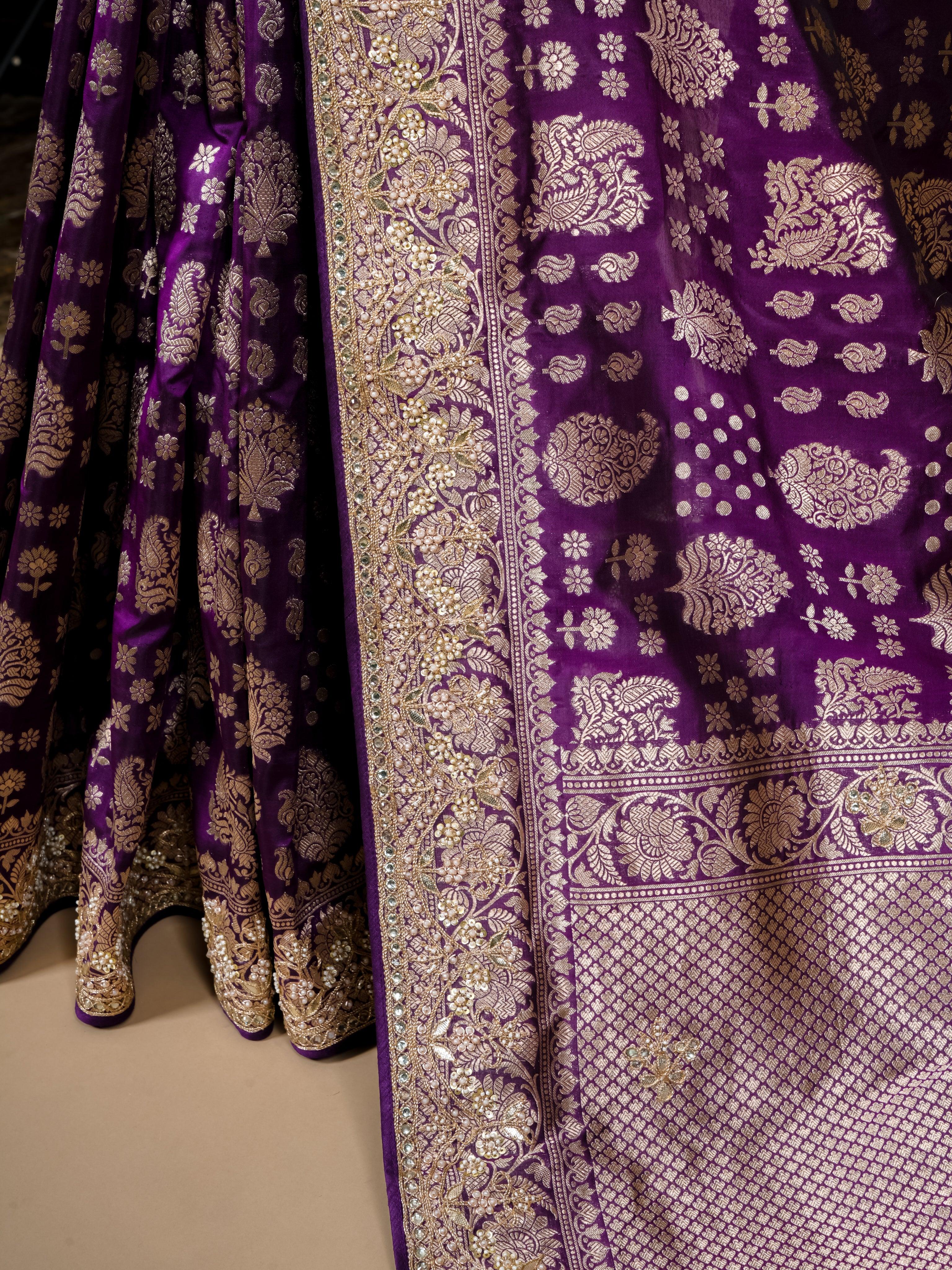 Handwoven Dark Purple Banarasi Katan Silk Saree - Sumangal Ekam