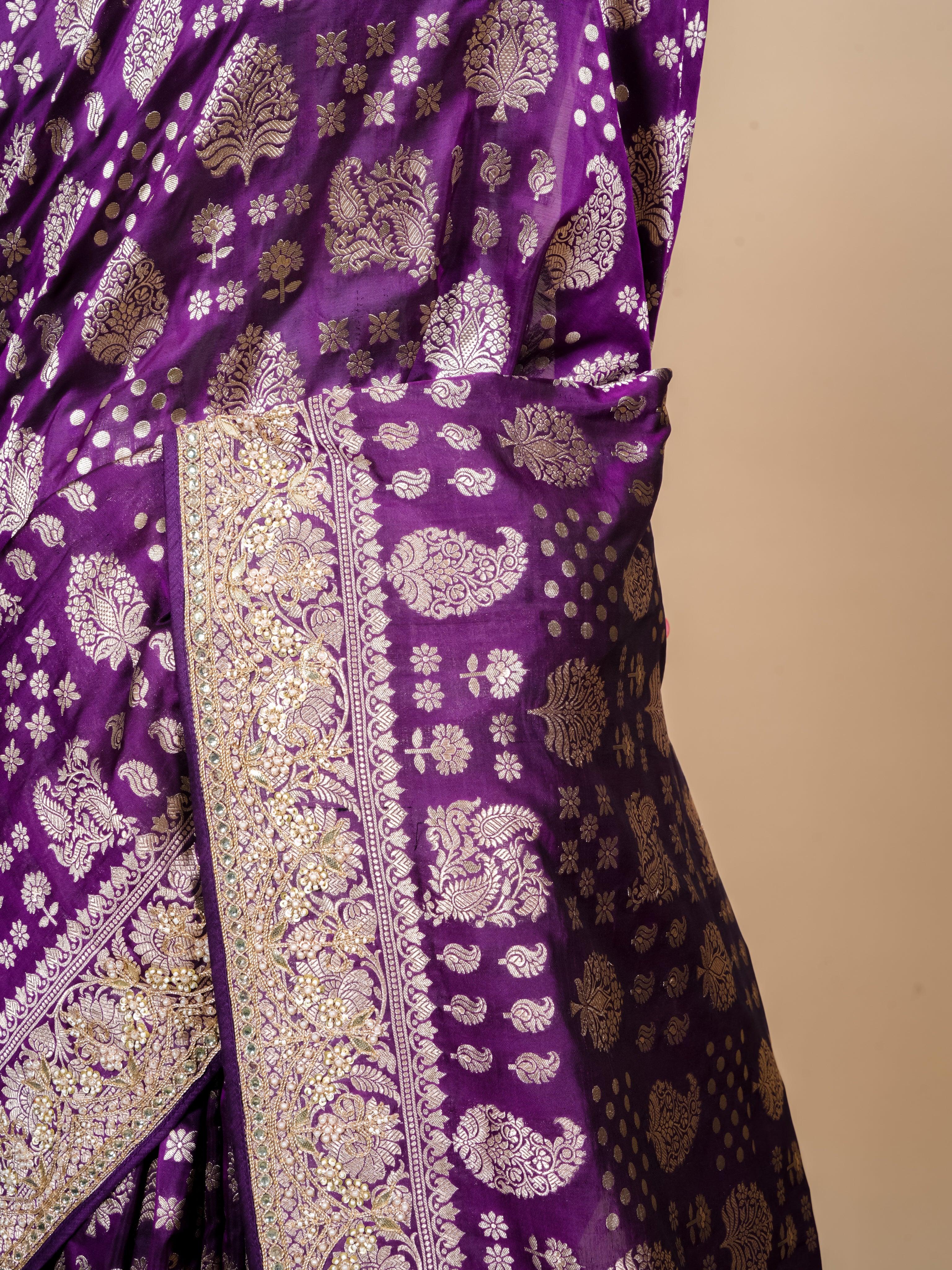 Handwoven Dark Purple Banarasi Katan Silk Saree - Sumangal Ekam