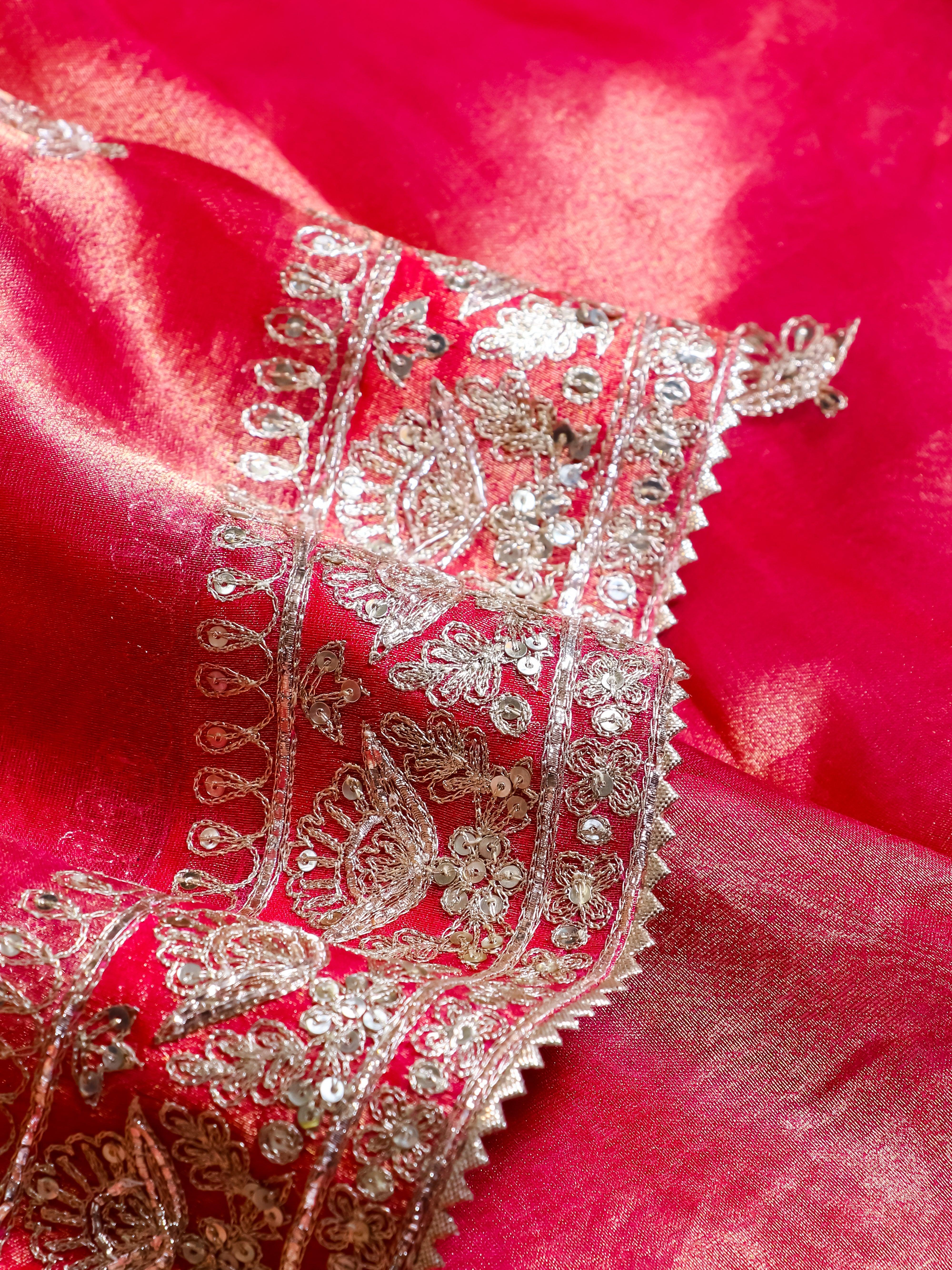 Designer Reddish Pink Tissue Katan Silk Saree - Sumangal Ekam
