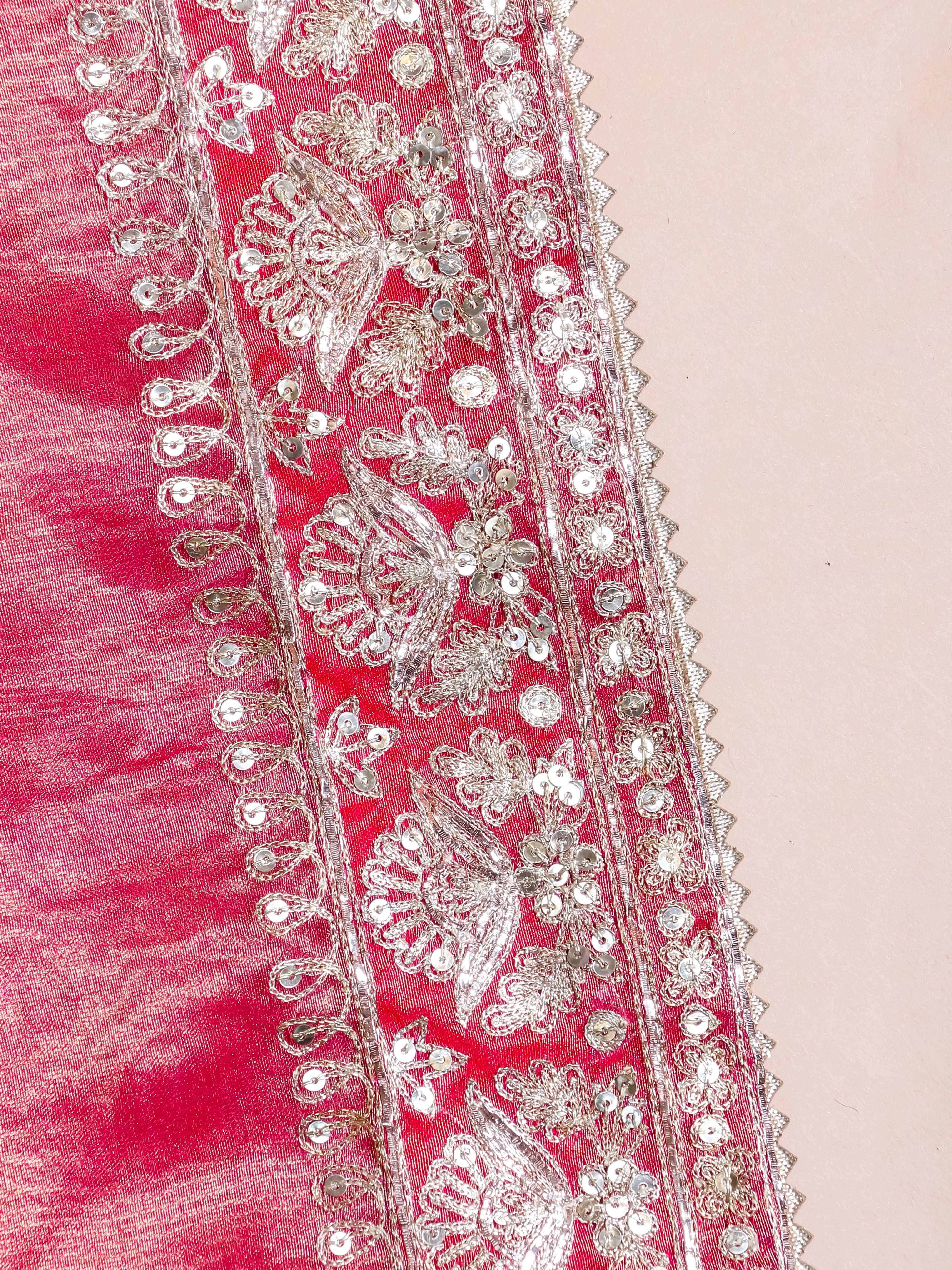 Designer Reddish Pink Tissue Katan Silk Saree - Sumangal Ekam