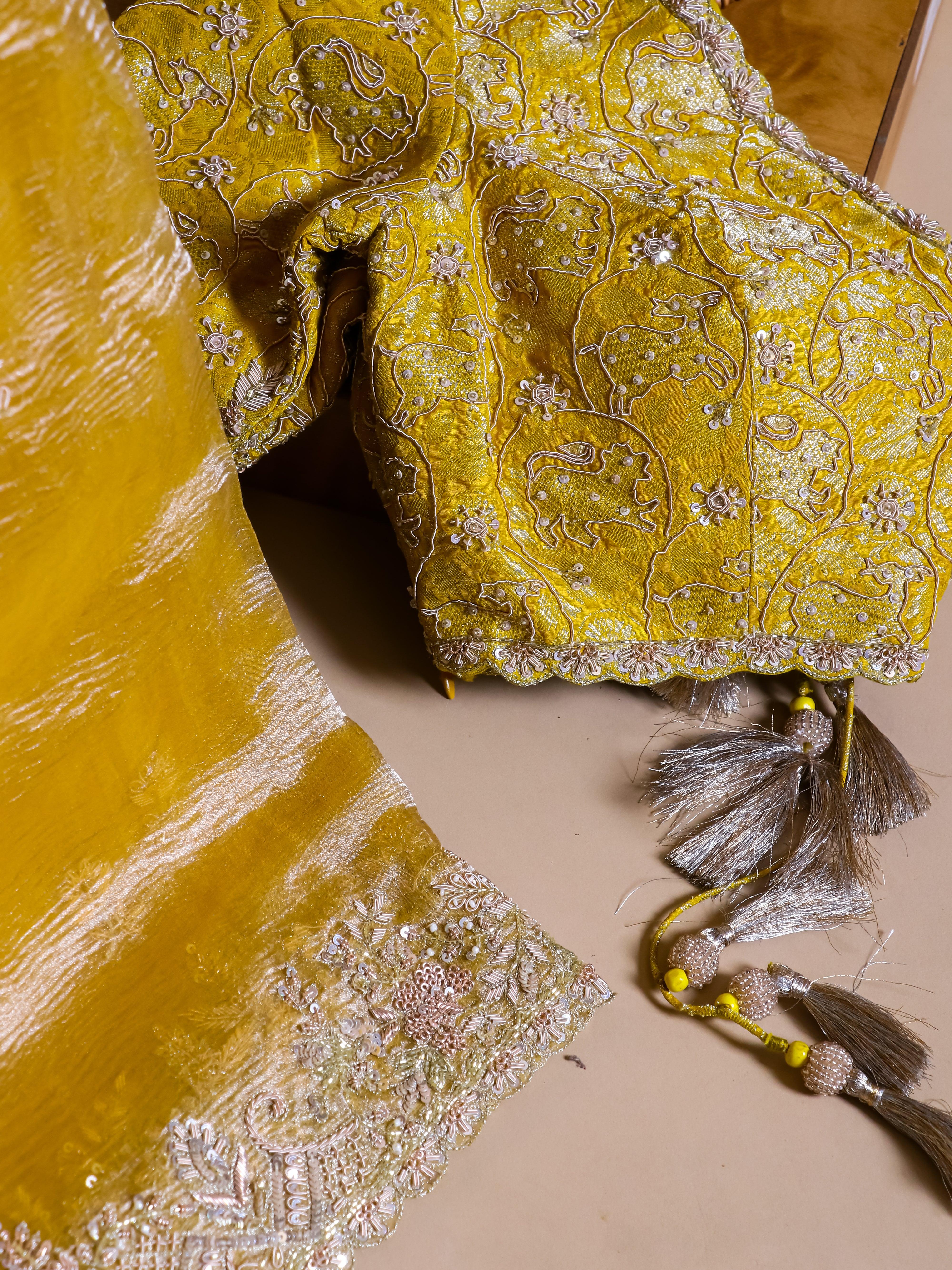 Designer Lemon Yellow Crush Tissue Silk Saree - Sumangal Ekam