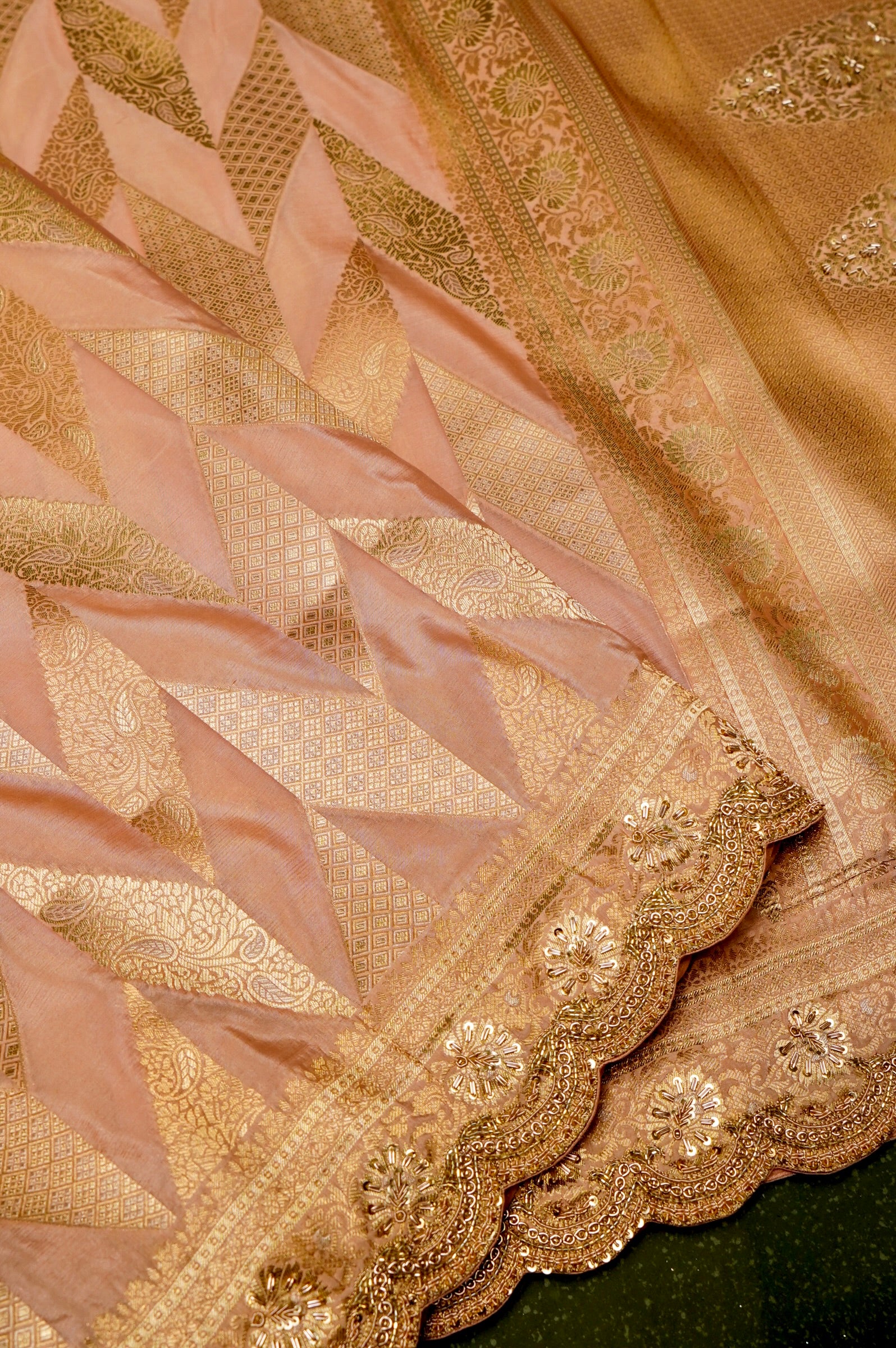 Designer Peach Banarasi Katan Silk Saree