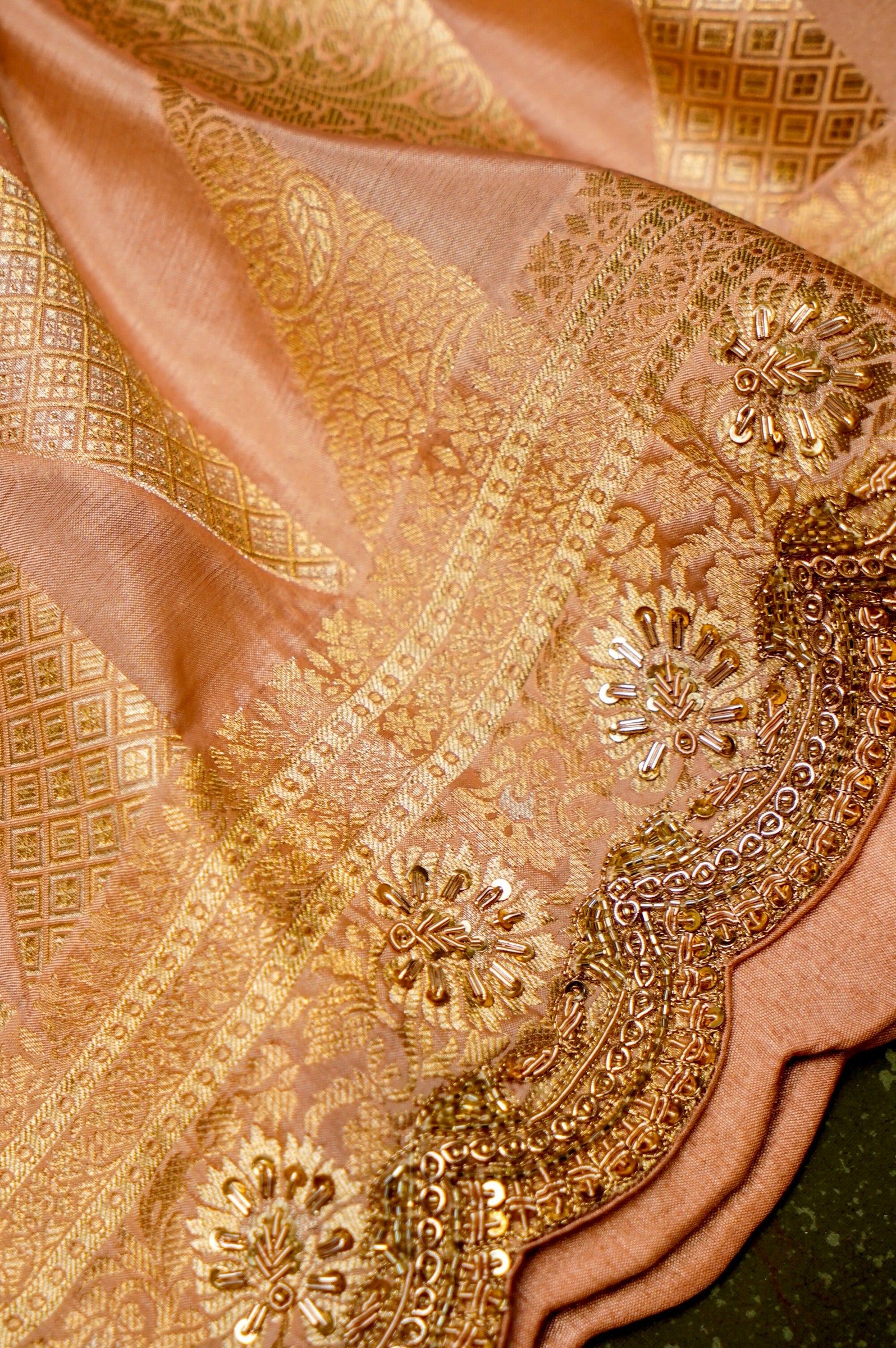 Designer Peach Banarasi Katan Silk Saree