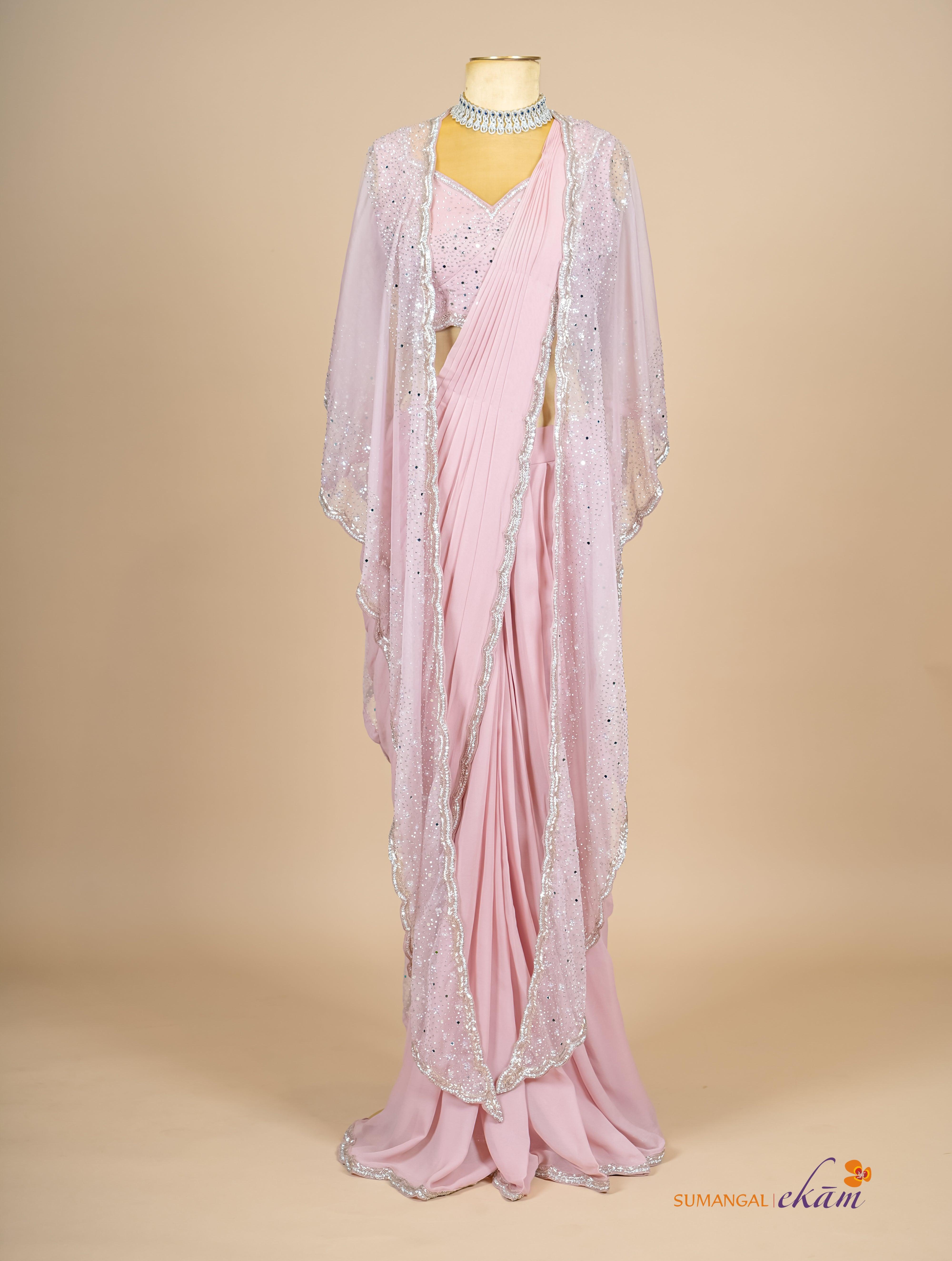 Designer Peach Crepe Silk Party Wear Drape Saree - Sumangal Ekam