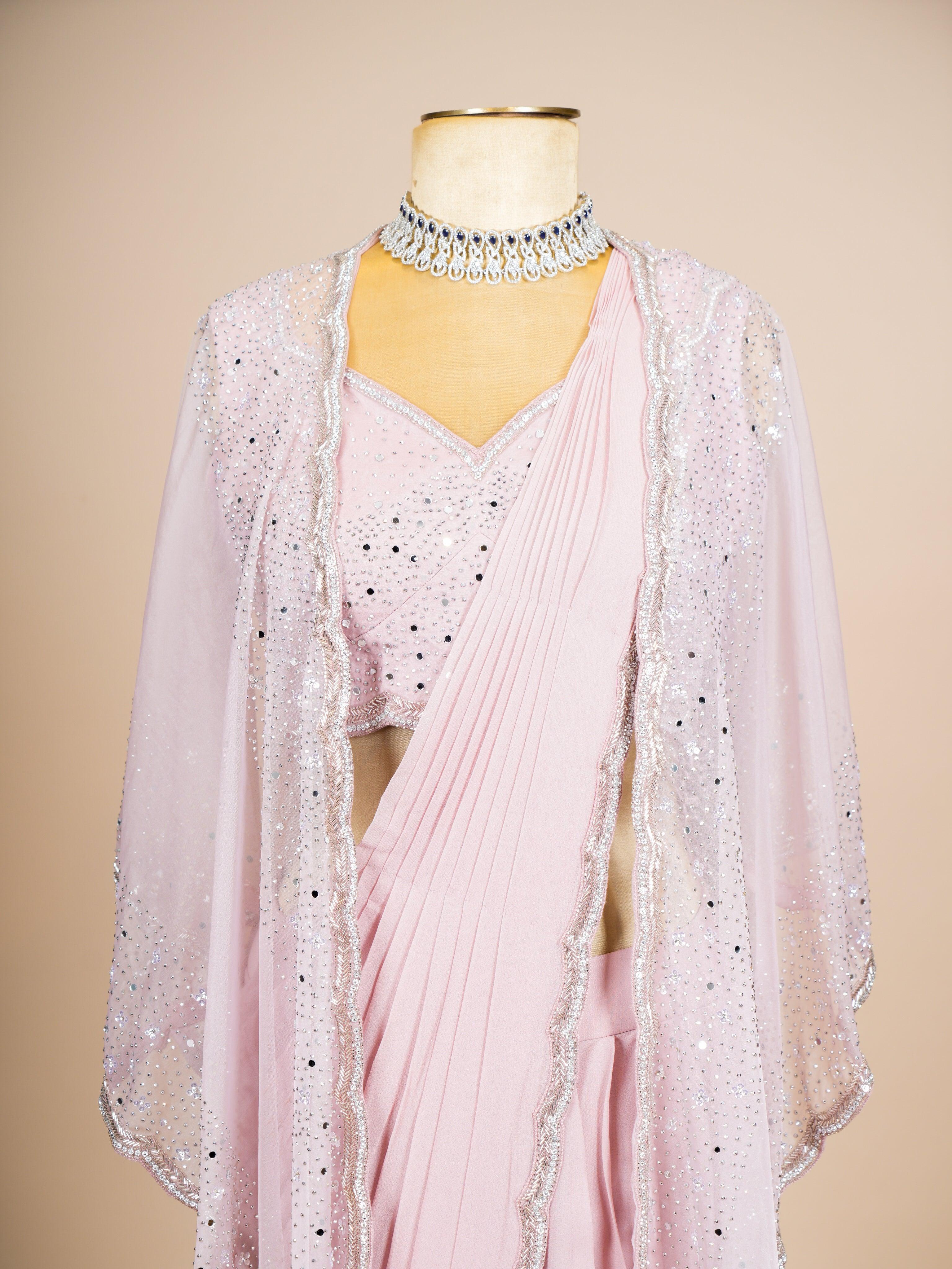 Designer Peach Crepe Silk Party Wear Drape Saree - Sumangal Ekam