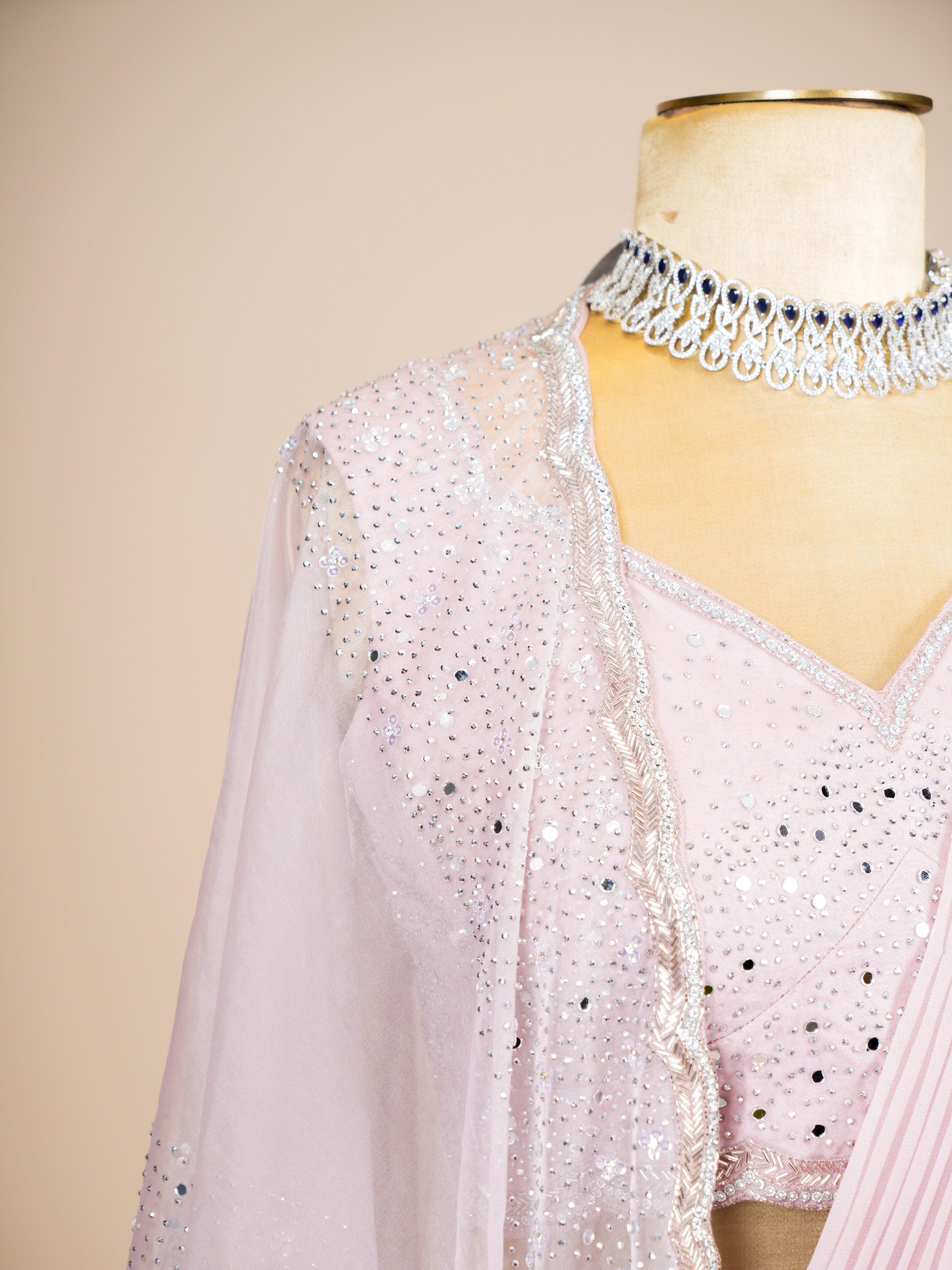 Designer Peach Crepe Silk Party Wear Drape Saree - Sumangal Ekam