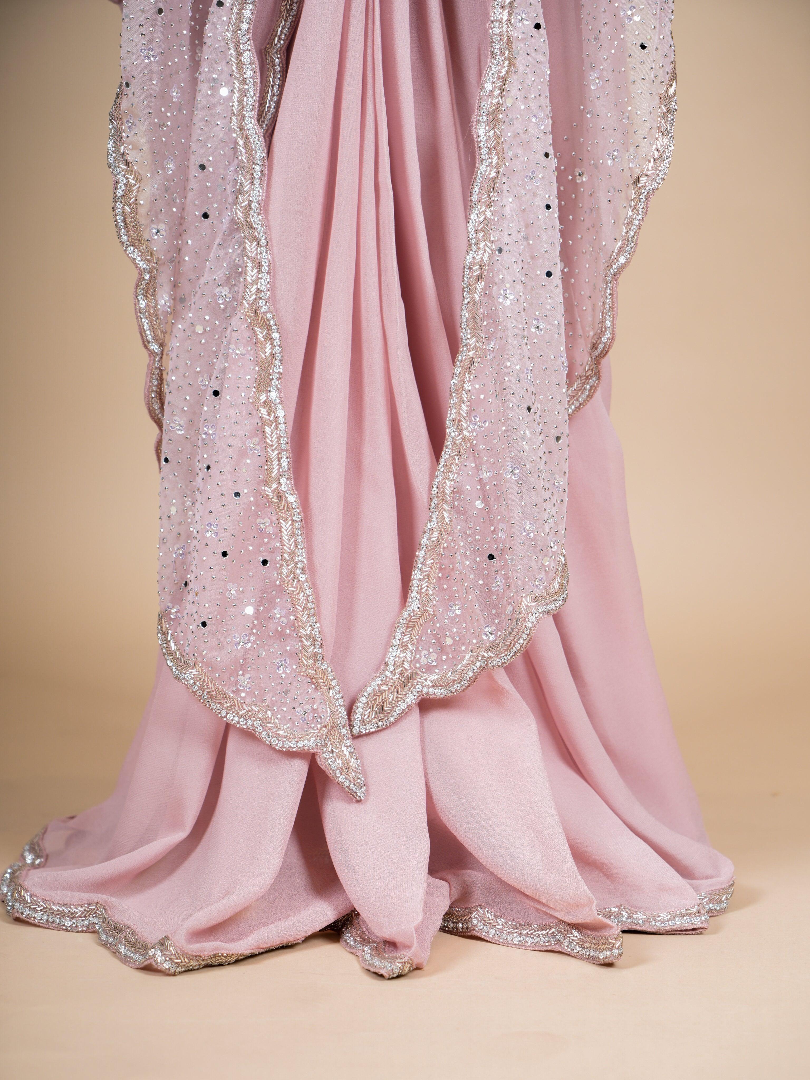 Designer Peach Crepe Silk Party Wear Drape Saree - Sumangal Ekam