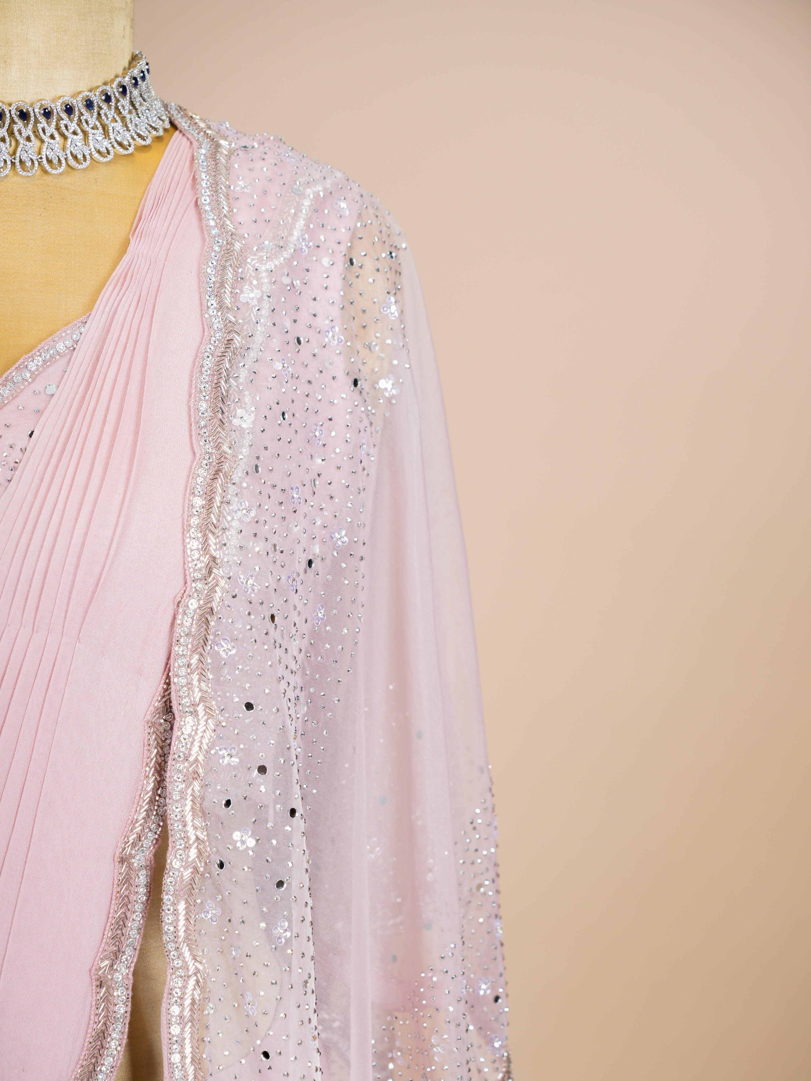 Designer Peach Crepe Silk Party Wear Drape Saree - Sumangal Ekam