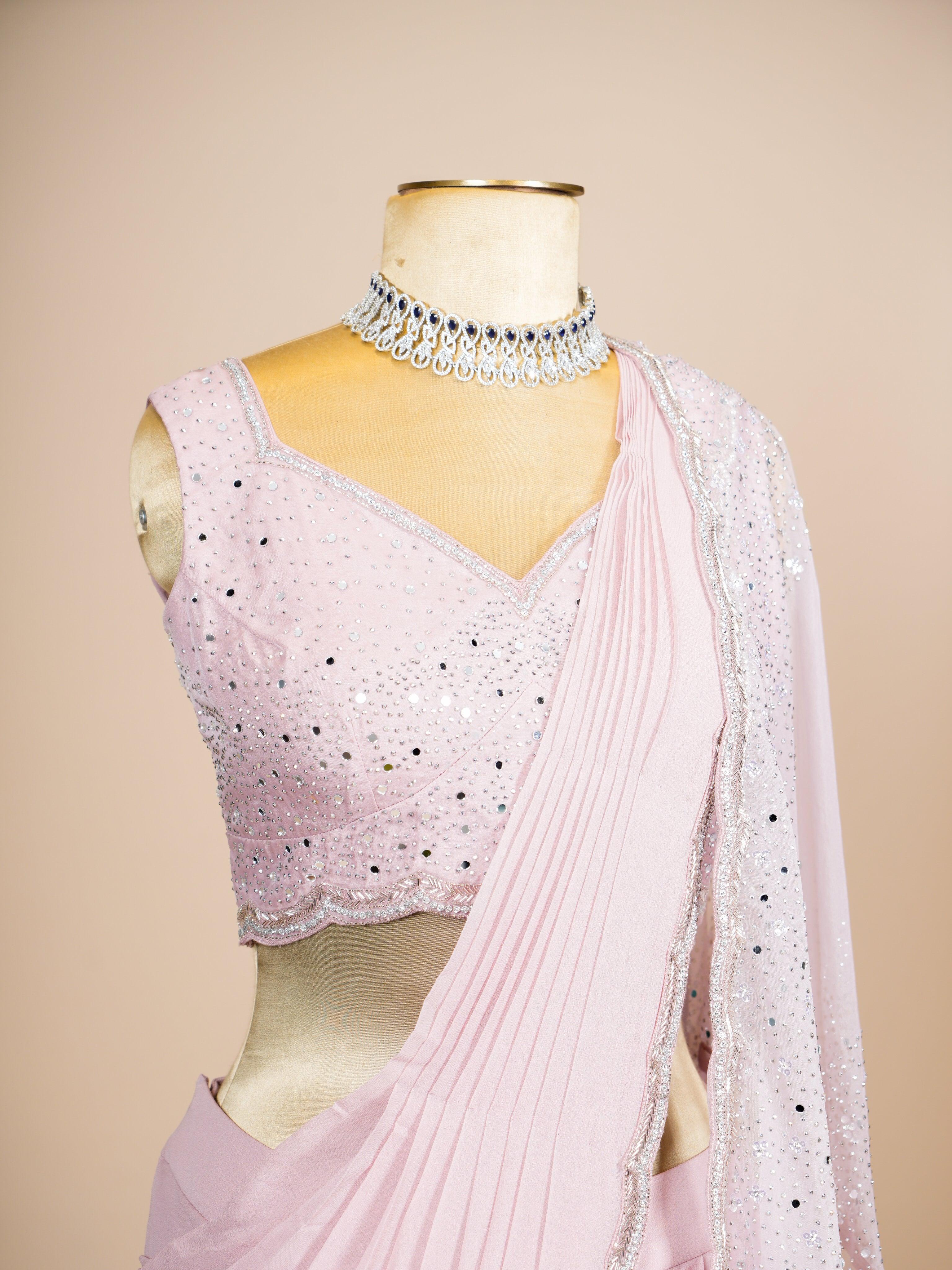 Designer Peach Crepe Silk Party Wear Drape Saree - Sumangal Ekam