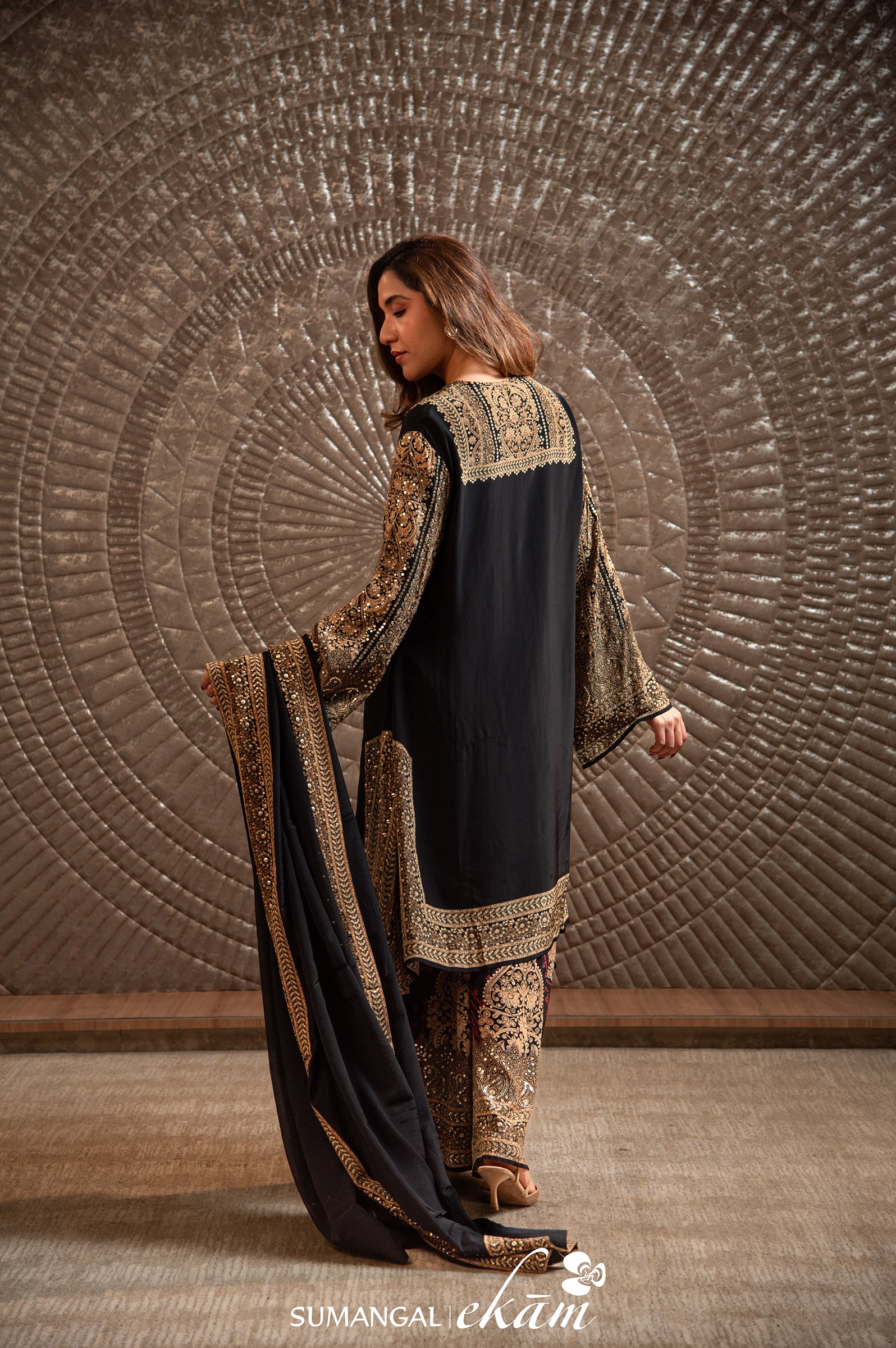 Designer Black Crepe Silk Suit Set