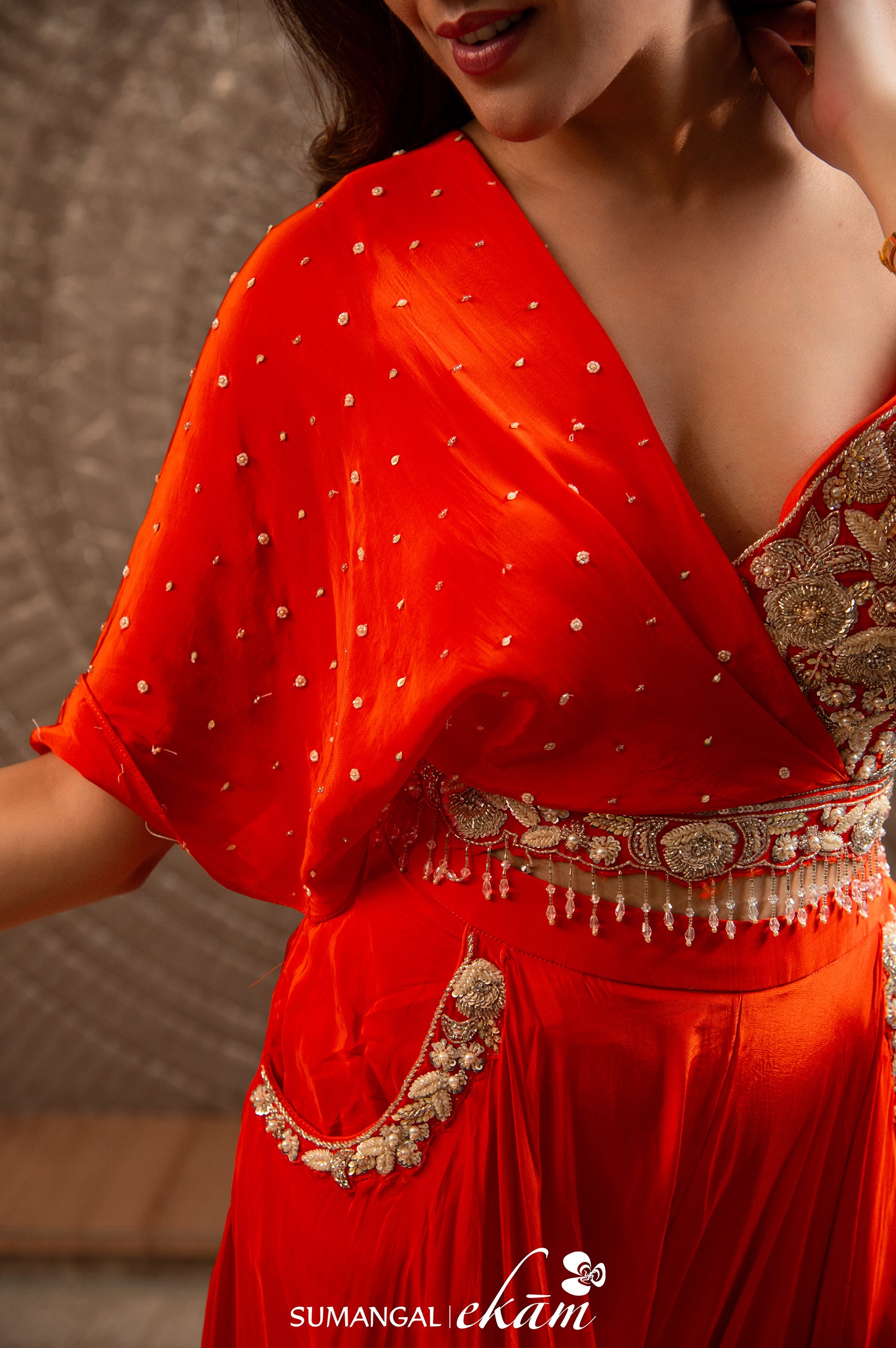Designer Orange Muslin Silk Bridal Wear Crop Top