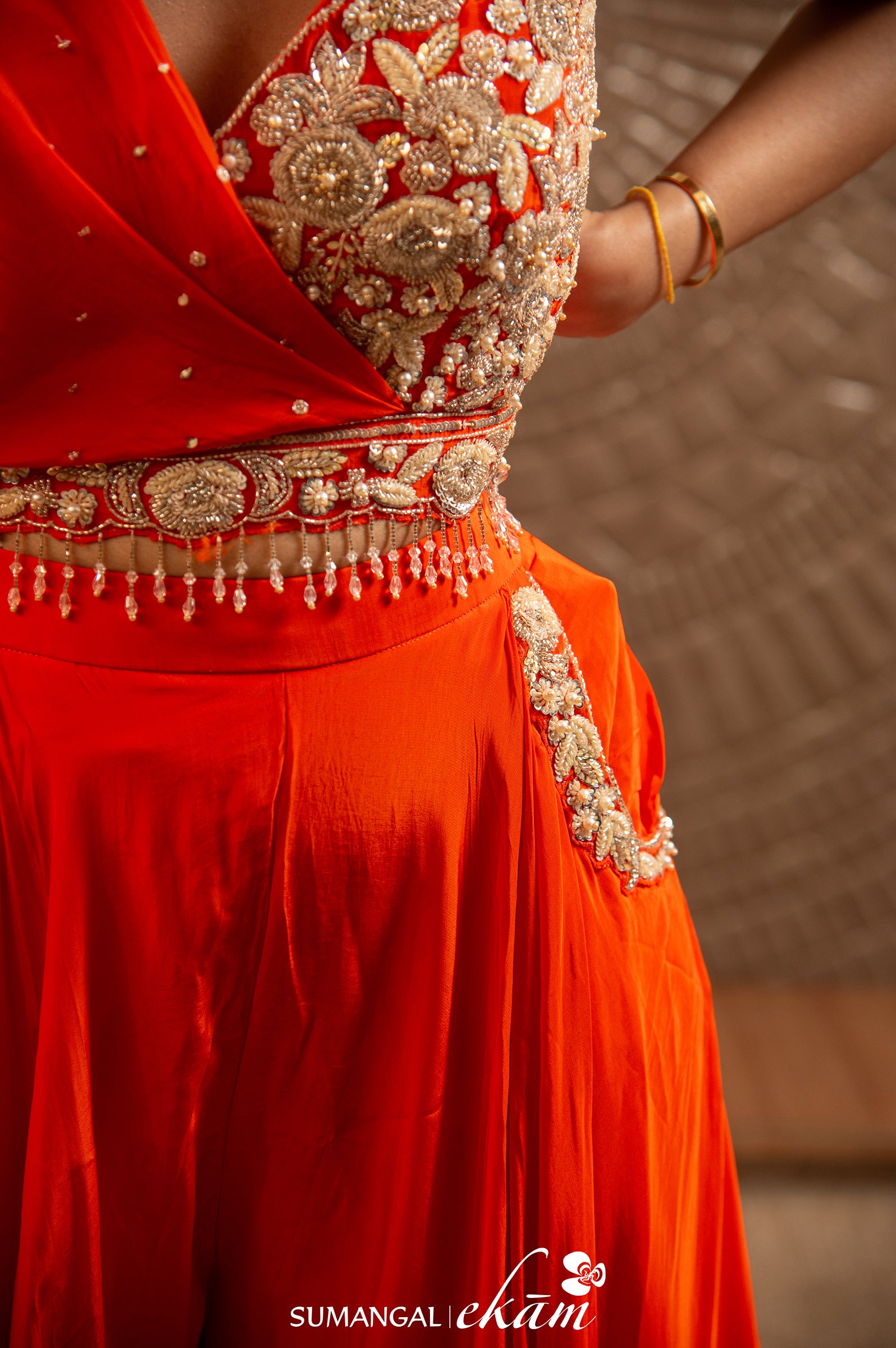 Designer Orange Muslin Silk Bridal Wear Crop Top