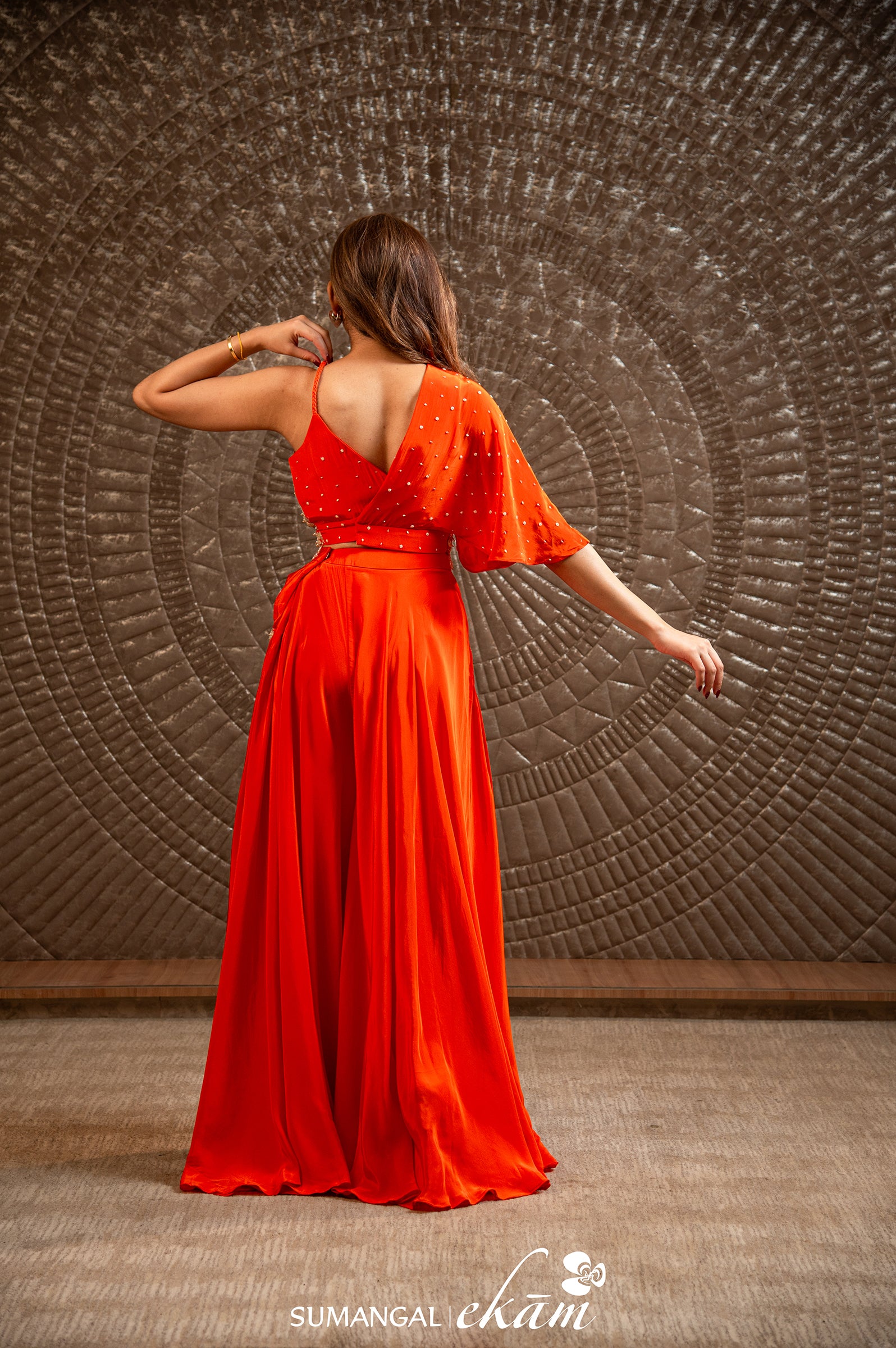 Designer Orange Muslin Silk Bridal Wear Crop Top