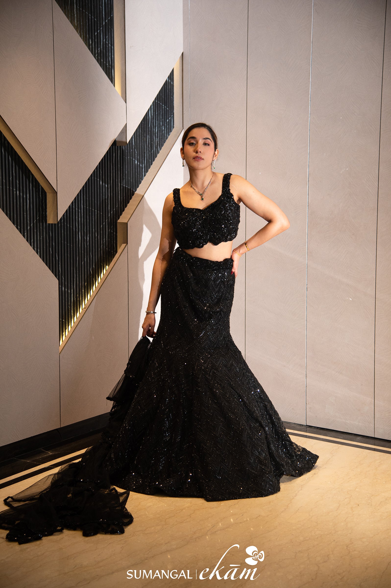 Designer Black Net Handwork Fish Cut Lehenga